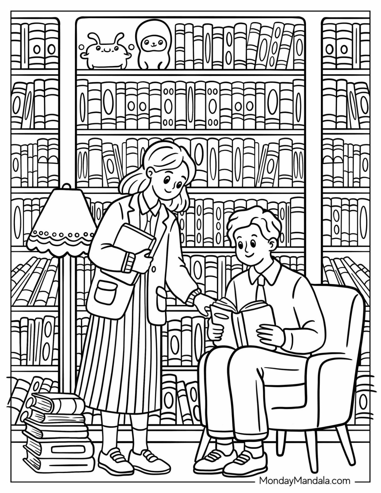 Charming Library Coloring Page with Teens Reading Together Among Tall Bookshelves