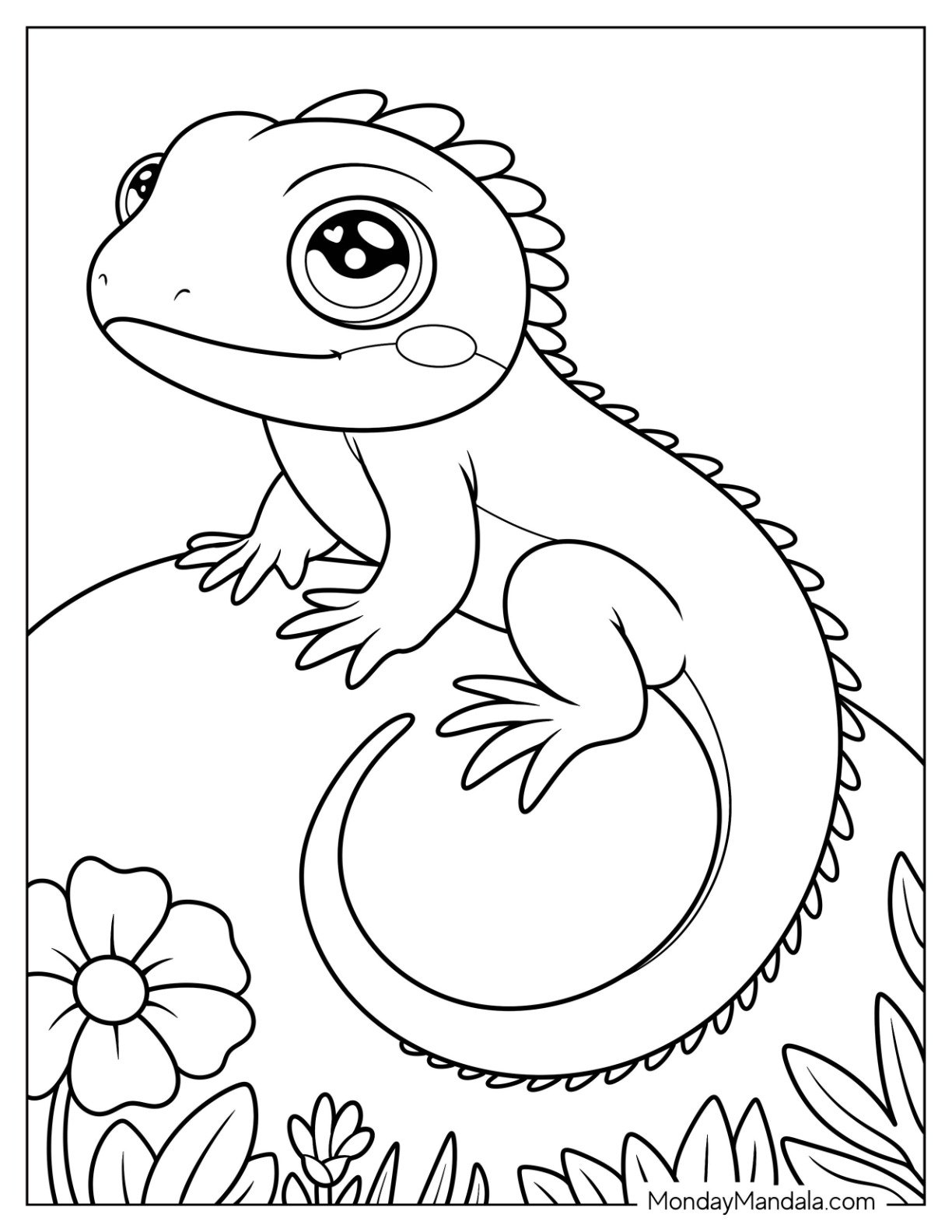 Charming Lizard Perched on a Rock with Flowers in the Jungle Coloring Page