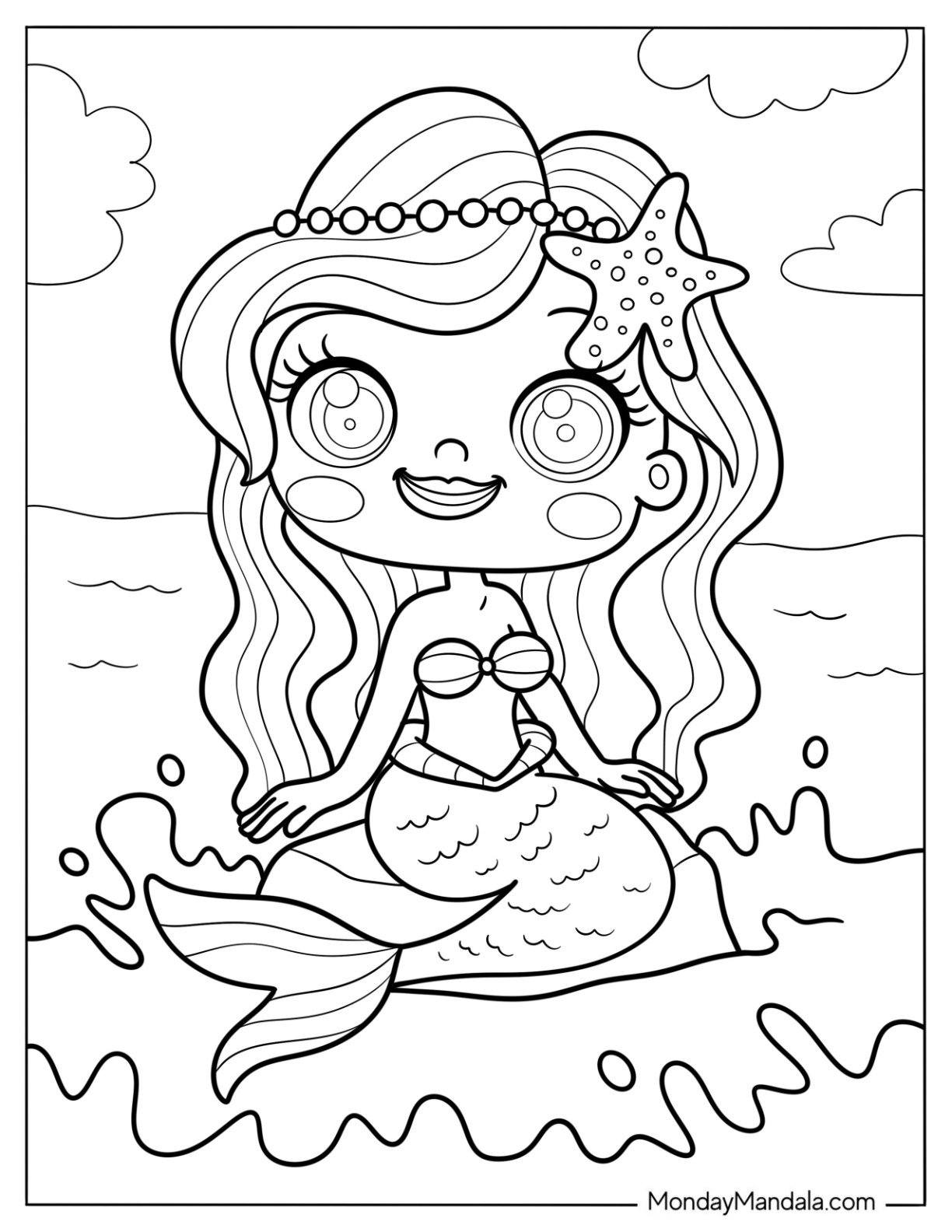 Charming Mermaid Coloring Page with Pearls and Starfish Ornaments Sitting on Rock for Kids