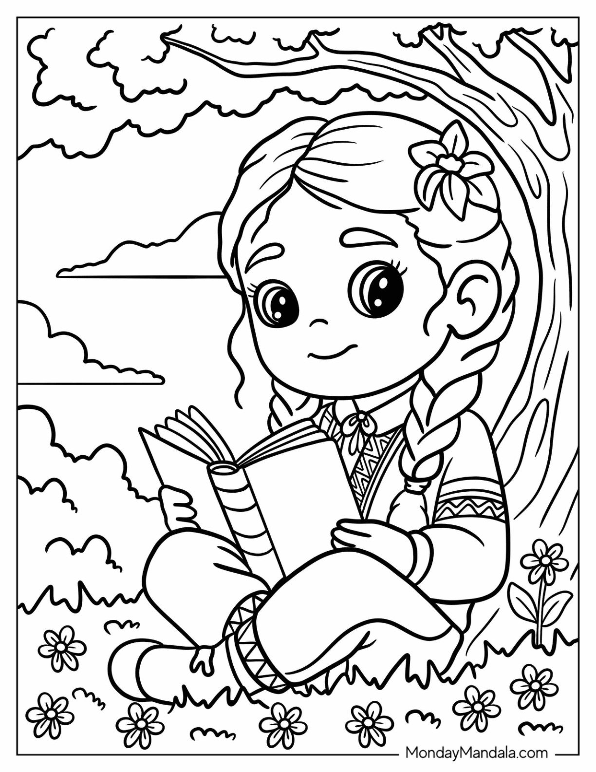Charming Native American Coloring Page of Girl Surrounded by Flowers Reading in a Flower Field Under a Tree for Preschoolers
