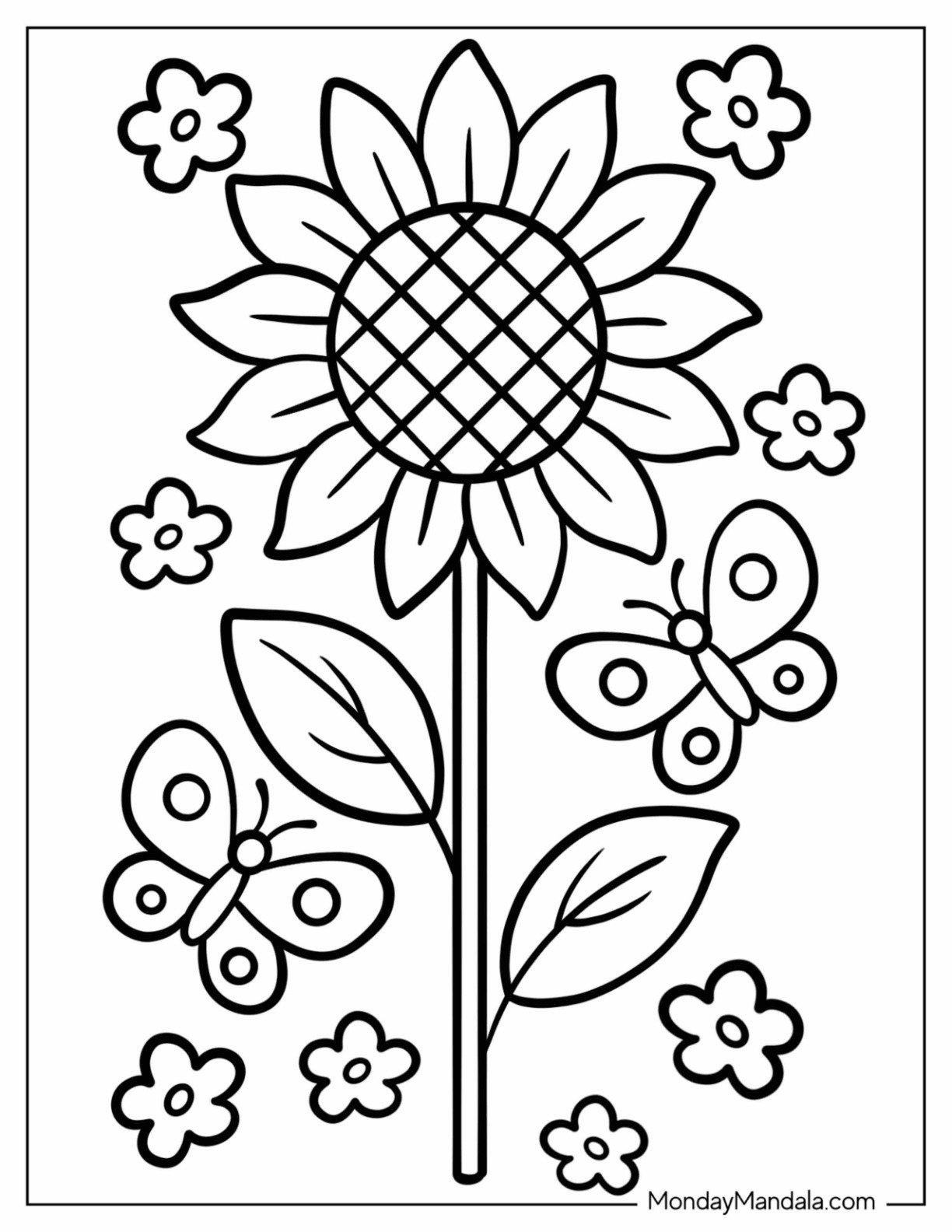 Charming Sunflower Coloring Page Surrounded by Fluttering Butterflies for Preschoolers