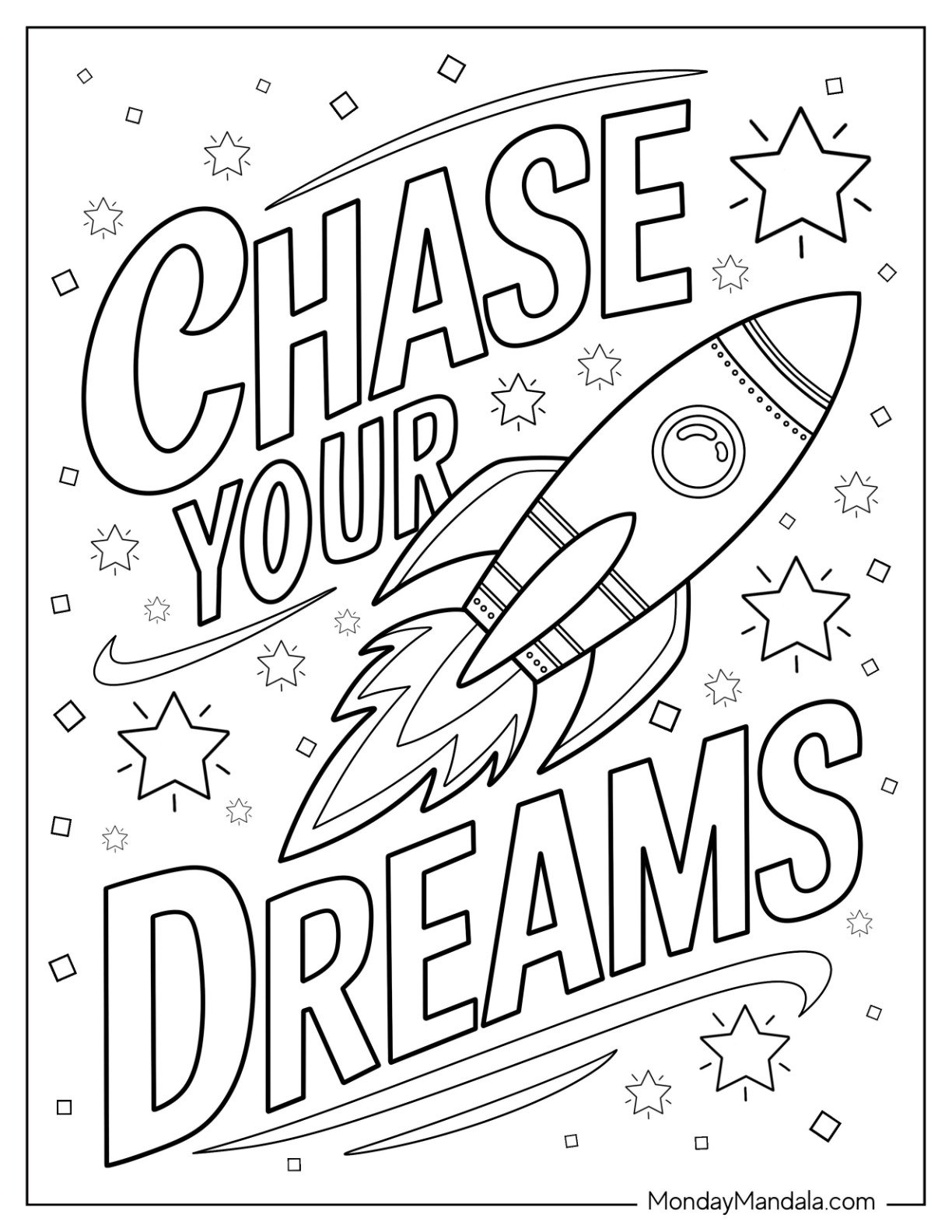 Chase Your Dreams Text with Rocket Coloring Page and Stars