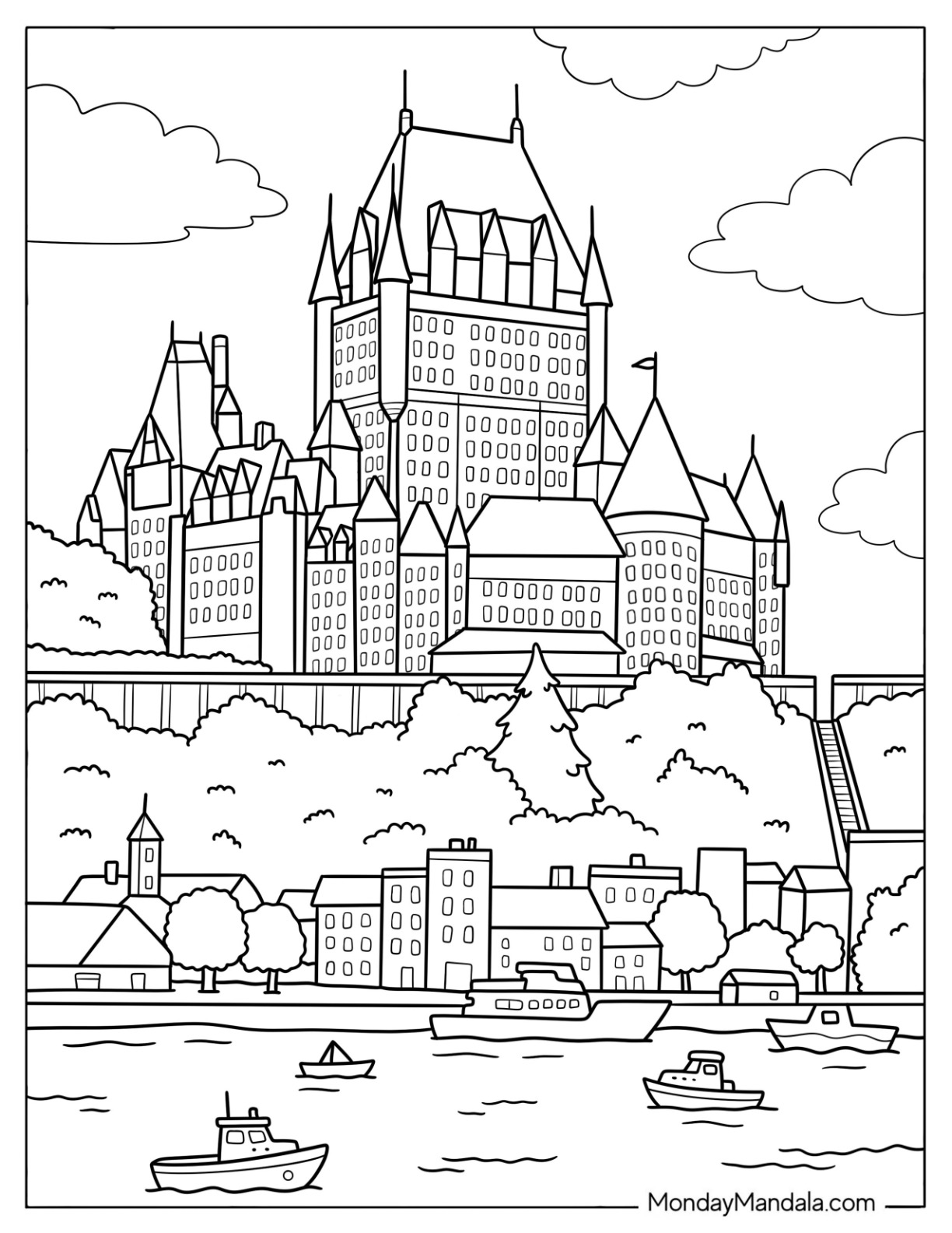 Canada Coloring Page of Château Frontenac Overlooking Quebec City Waterfront