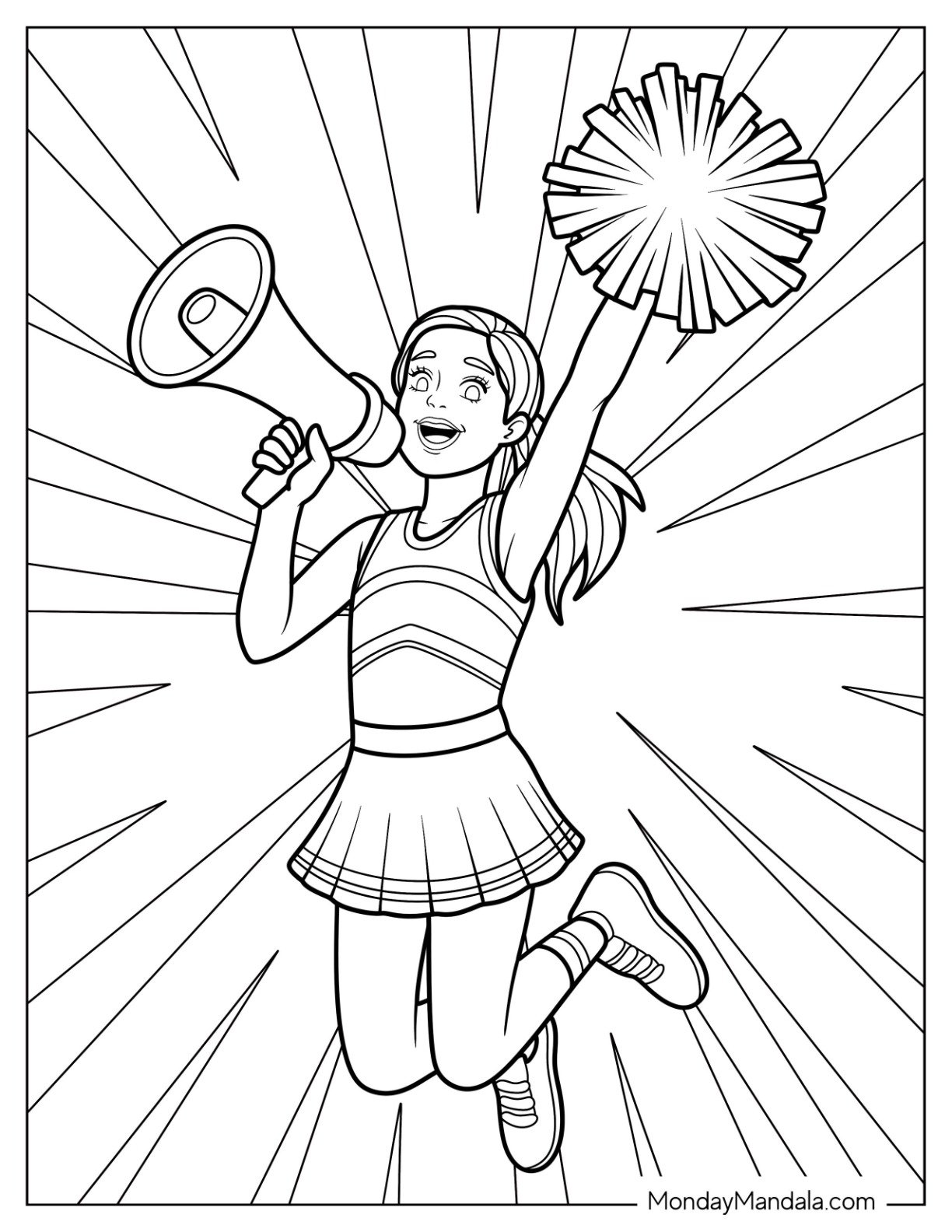 Cheerleading Coloring Page Of Cheer Captain’s Victory Leap with Megaphone