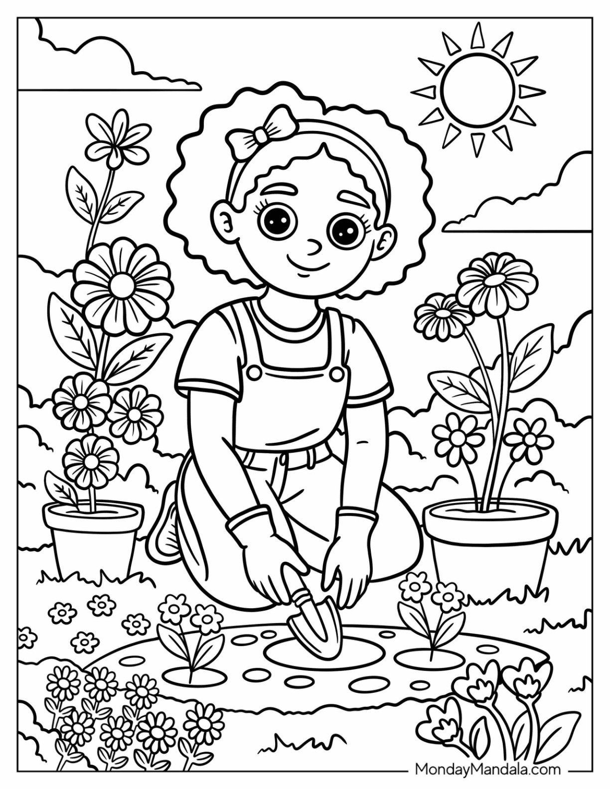 Cheerful Black Girl & Boy Coloring Page with Bow Gardening
