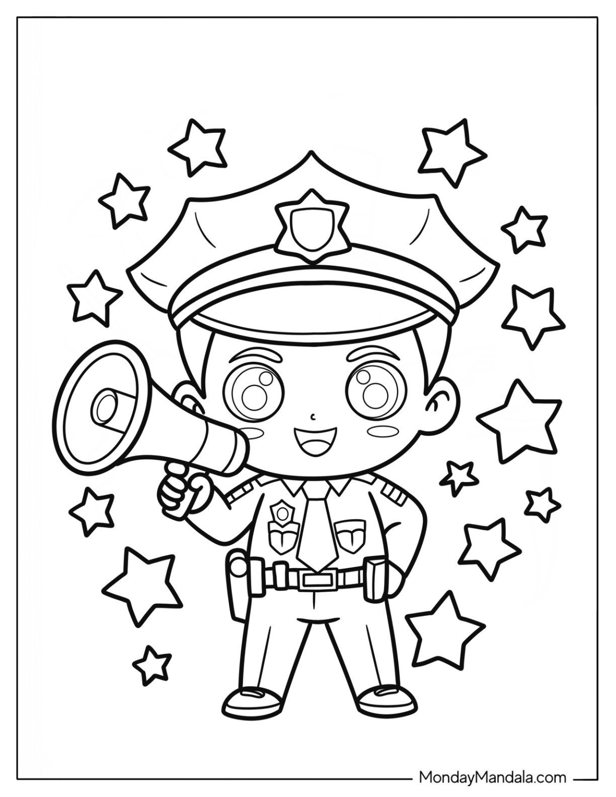 Cheerful Cartoon Police Coloring Page with Megaphone Surrounded by Stars for Kids