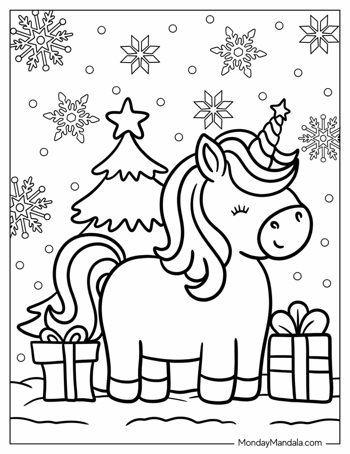 Cheerful Christmas Unicorn Coloring Page Next to Presents for Preschoolers