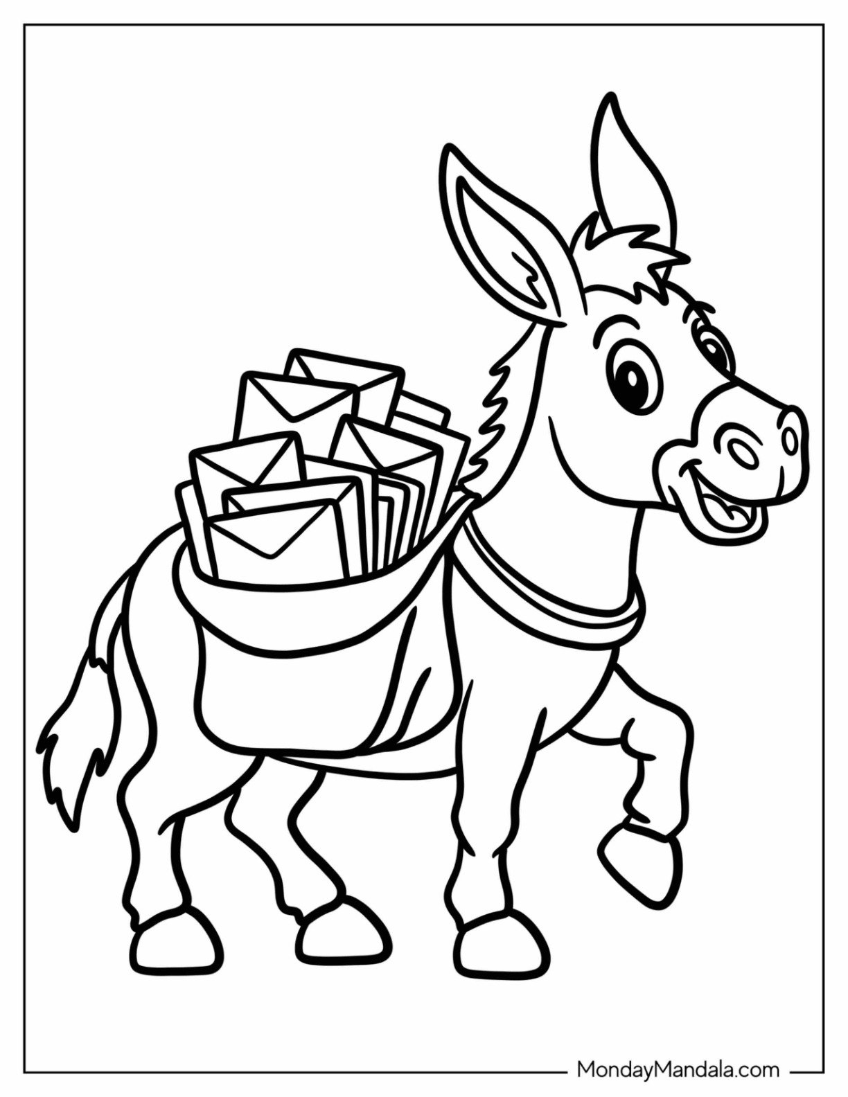 Cheerful Donkey Carrying a Bag Full of Mail Coloring Page for Kids