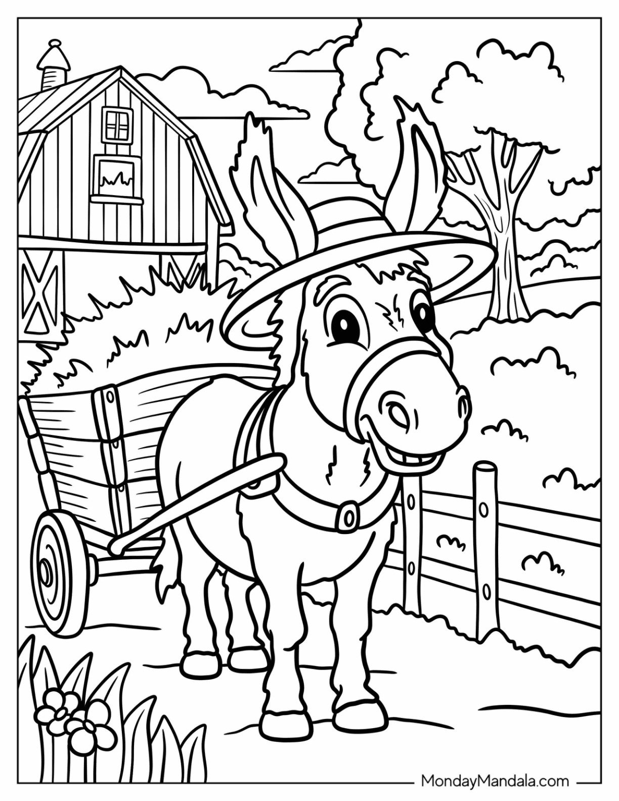 Cheerful Donkey Coloring Page Wearing a Hat and Pulling a Cart by the Barn for Kids