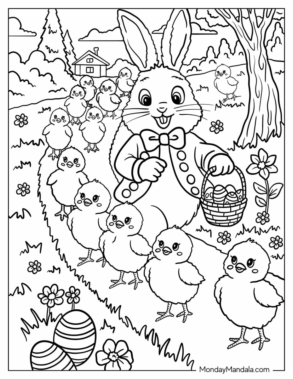 Cheerful Easter Bunny Coloring Page Carrying Egg Basket with Baby Chicks on The Road