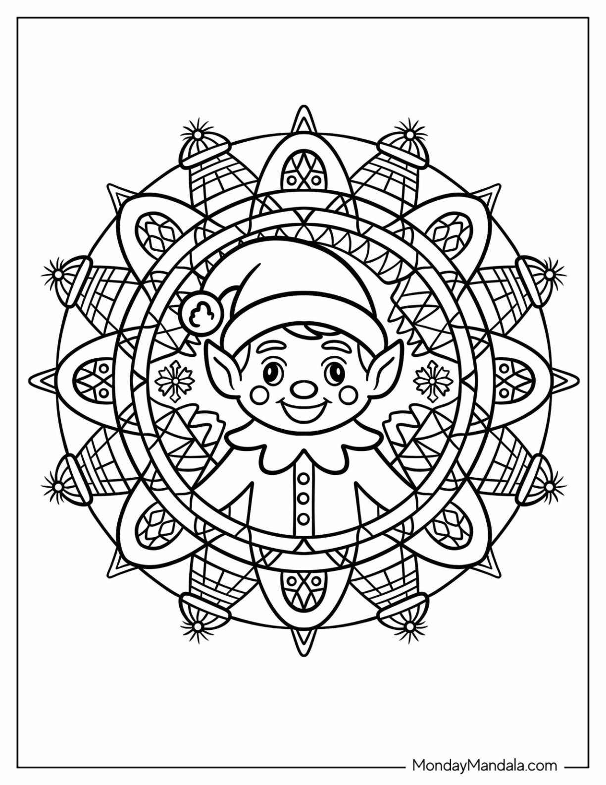 Cheerful Elf Inside Christmas Mandala Coloring Page for Kids