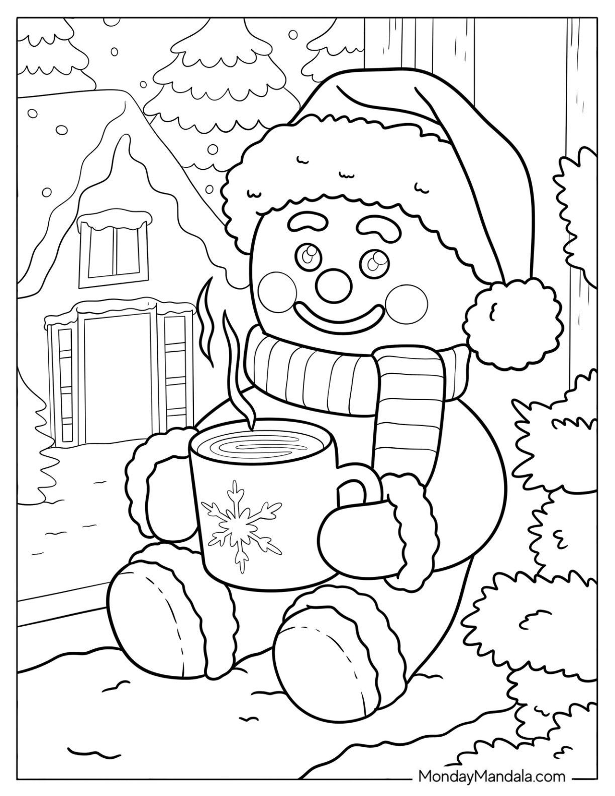 Cheerful Gingerbread Man Drinking Hot Chocolate in Winter Coloring Page