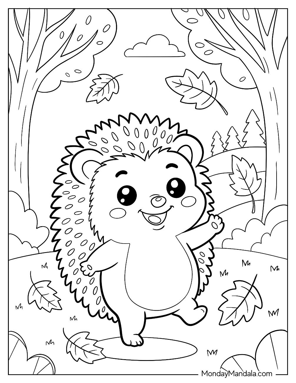 Cheerful Hedgehog Coloring Page Playing with Autumn Leaves for Preschoolers