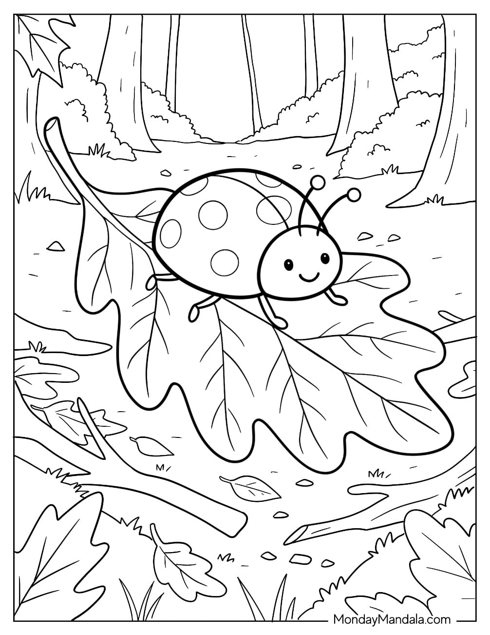 Cheerful Ladybug on a Fallen Leaf Coloring Page