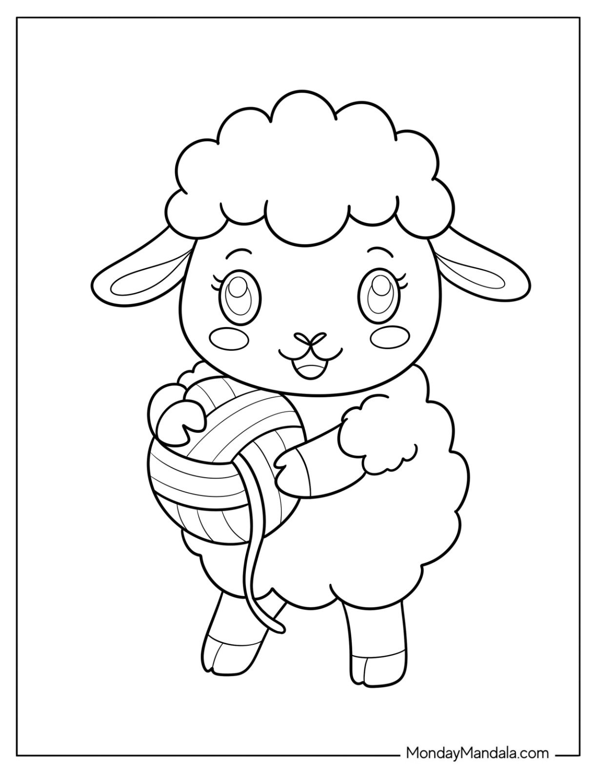 Cheerful Sheep Coloring Page Hugging a Colorful Wool Ball