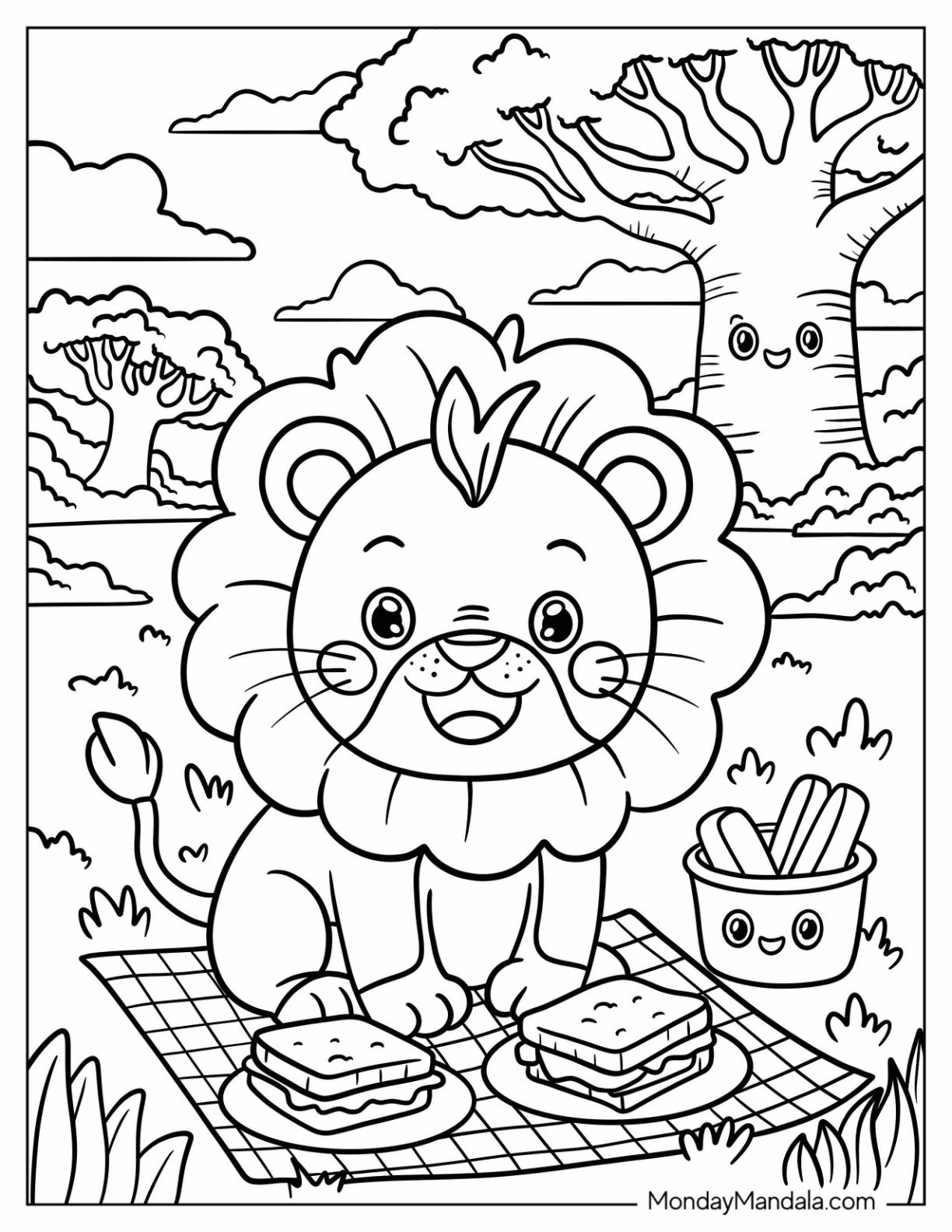Cheerful Lion Coloring Page on a Picnic Mat in the Park