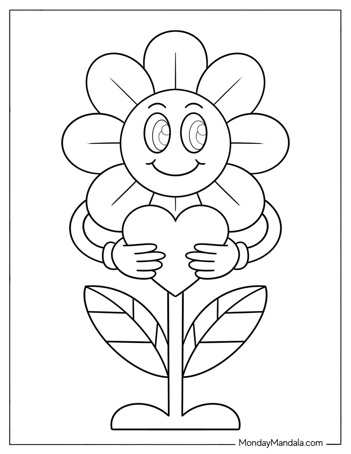 Flower Coloring Page of Cheerful Sunflower Holding a Love Heart for Preschoolers