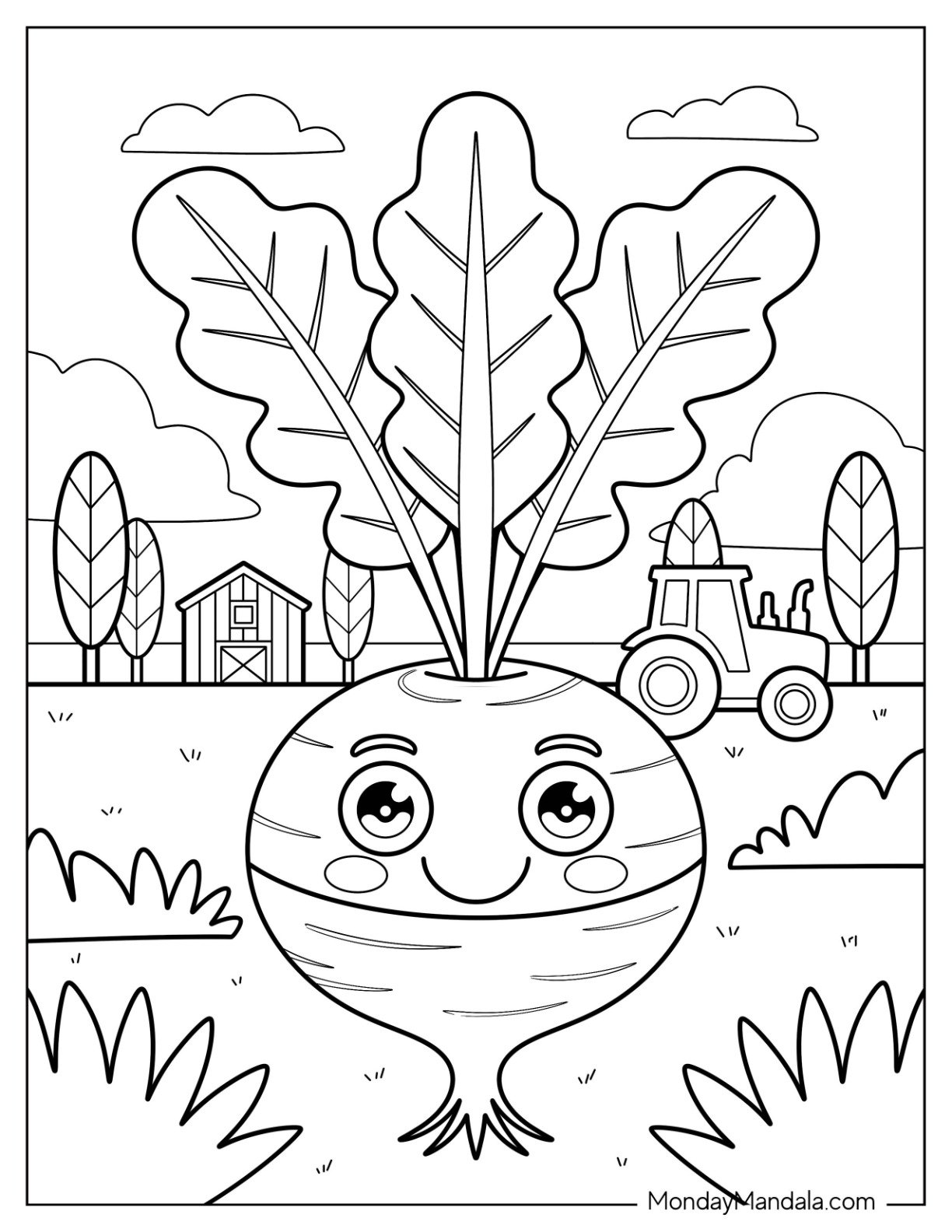 Cheerful Turnip in a Rural Vegetable Coloring Page Field
