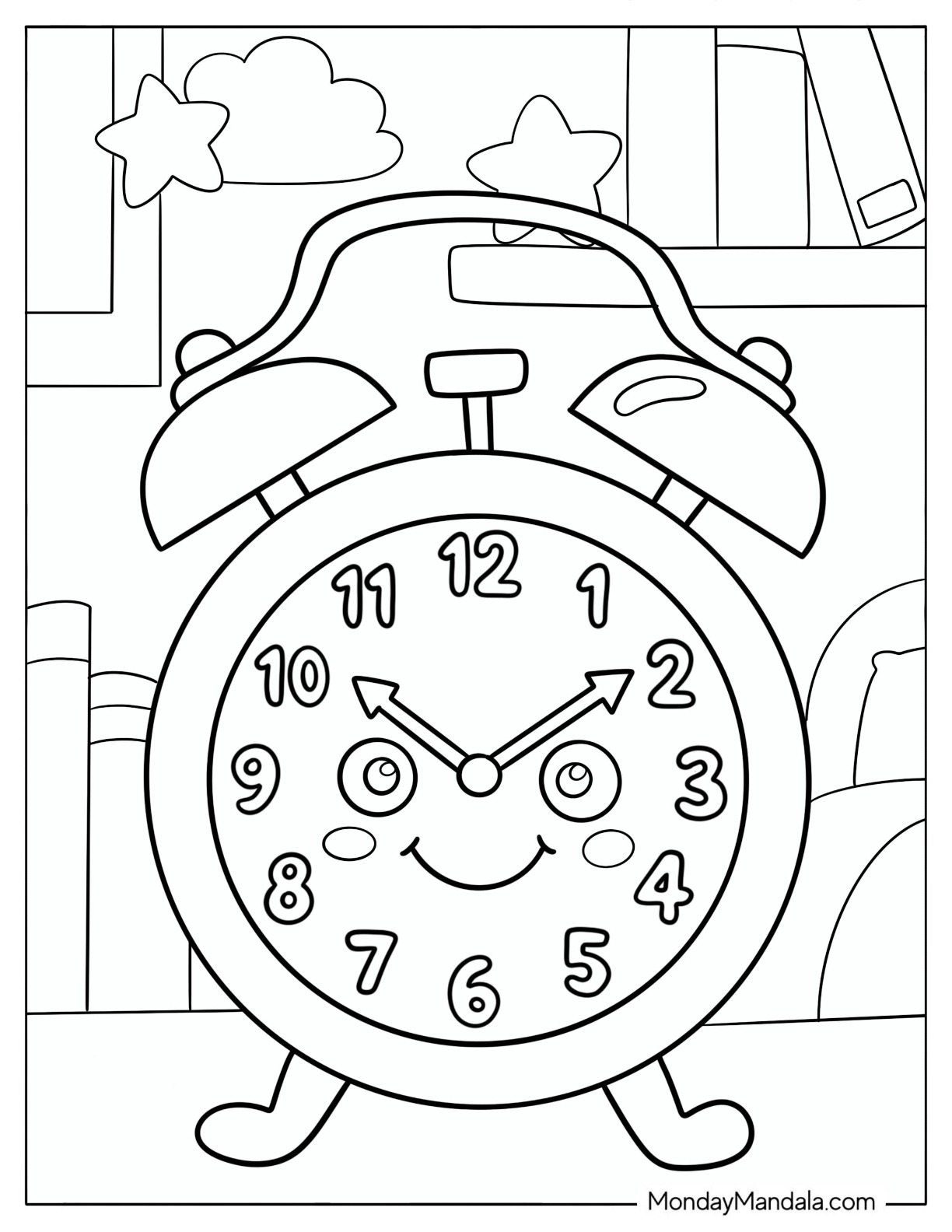 Cheerful Twin Bell Alarm Clock Coloring Page for Kids