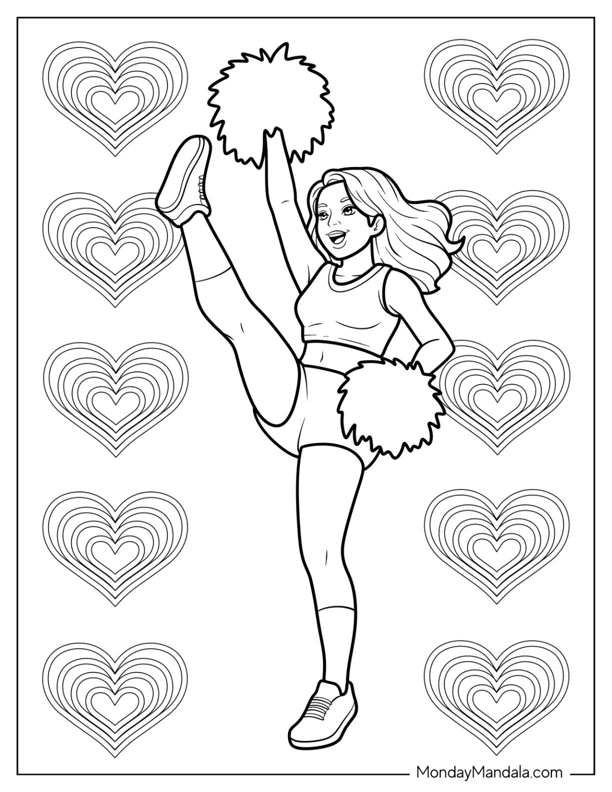 Cheerleading Coloring Page Of Cheerleader High Kick Pose with Pom Poms And Love Hearts