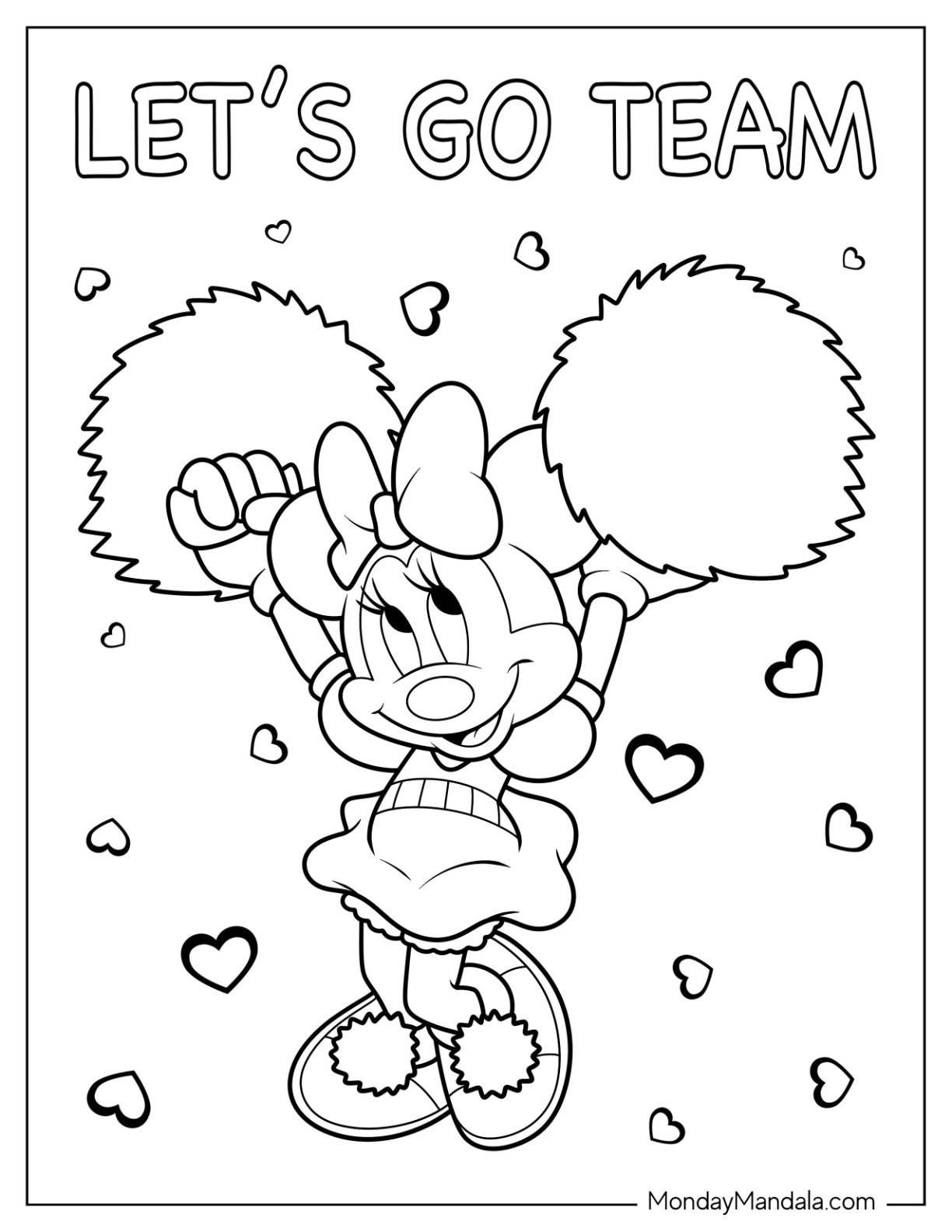 Cheerleading Coloring Page Of Minnie Mouse With Pom Poms For Kids