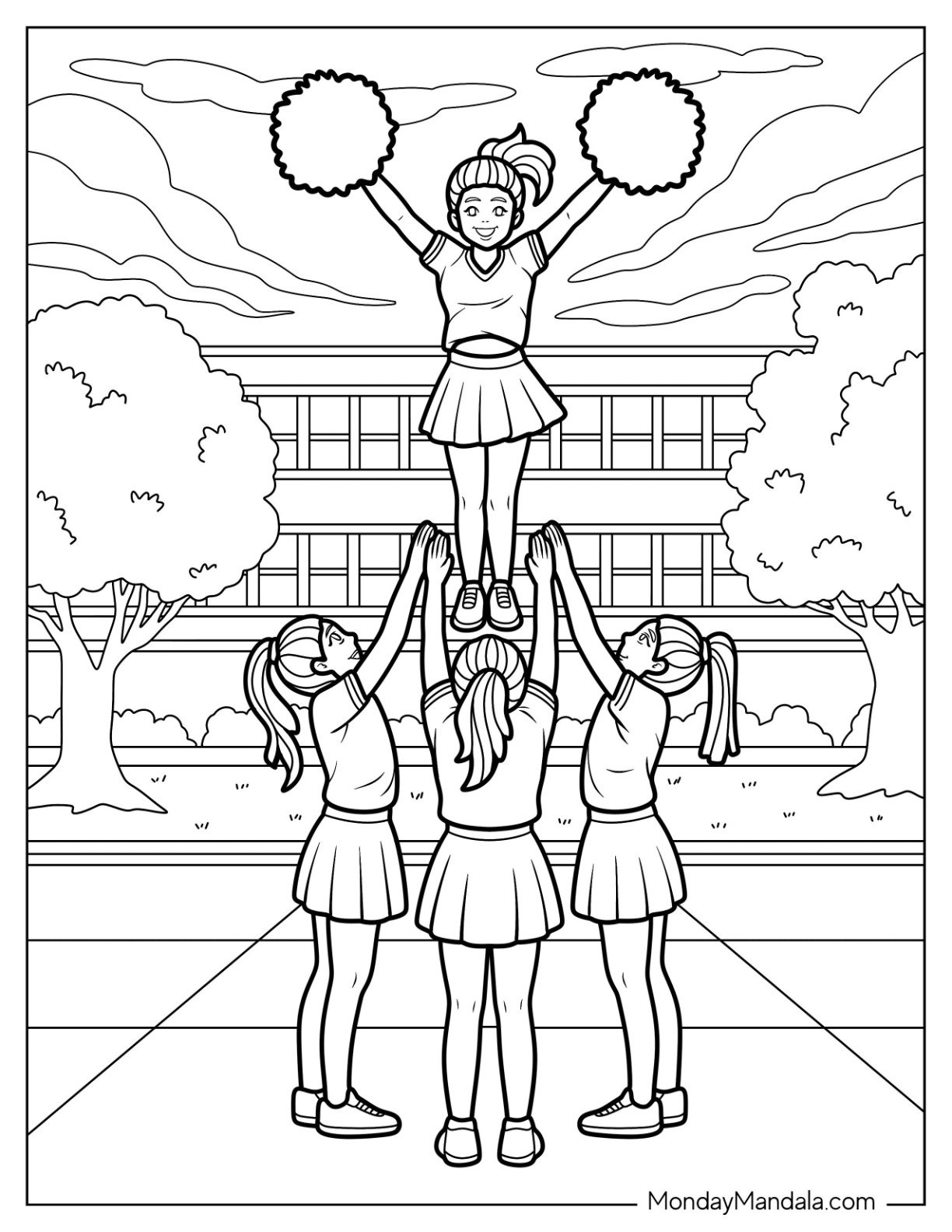 Cheerleading Coloring Page Of Cheerleaders Performing Two Leg Stunt Pyramid Outside School