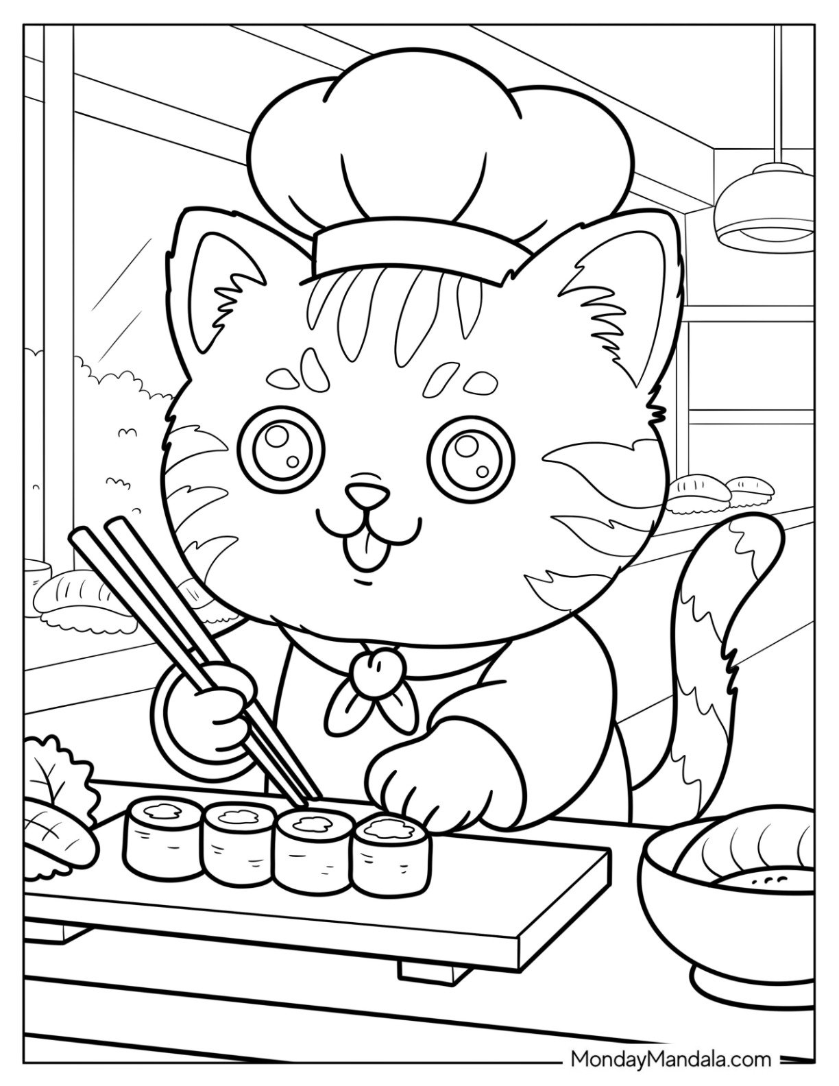 Chef Cat Coloring Page Making Sushi with Chopsticks for Kids