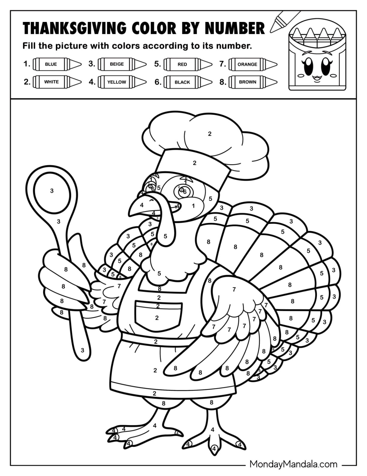 Chef Turkey with Spatula Thanksgiving Color by Number