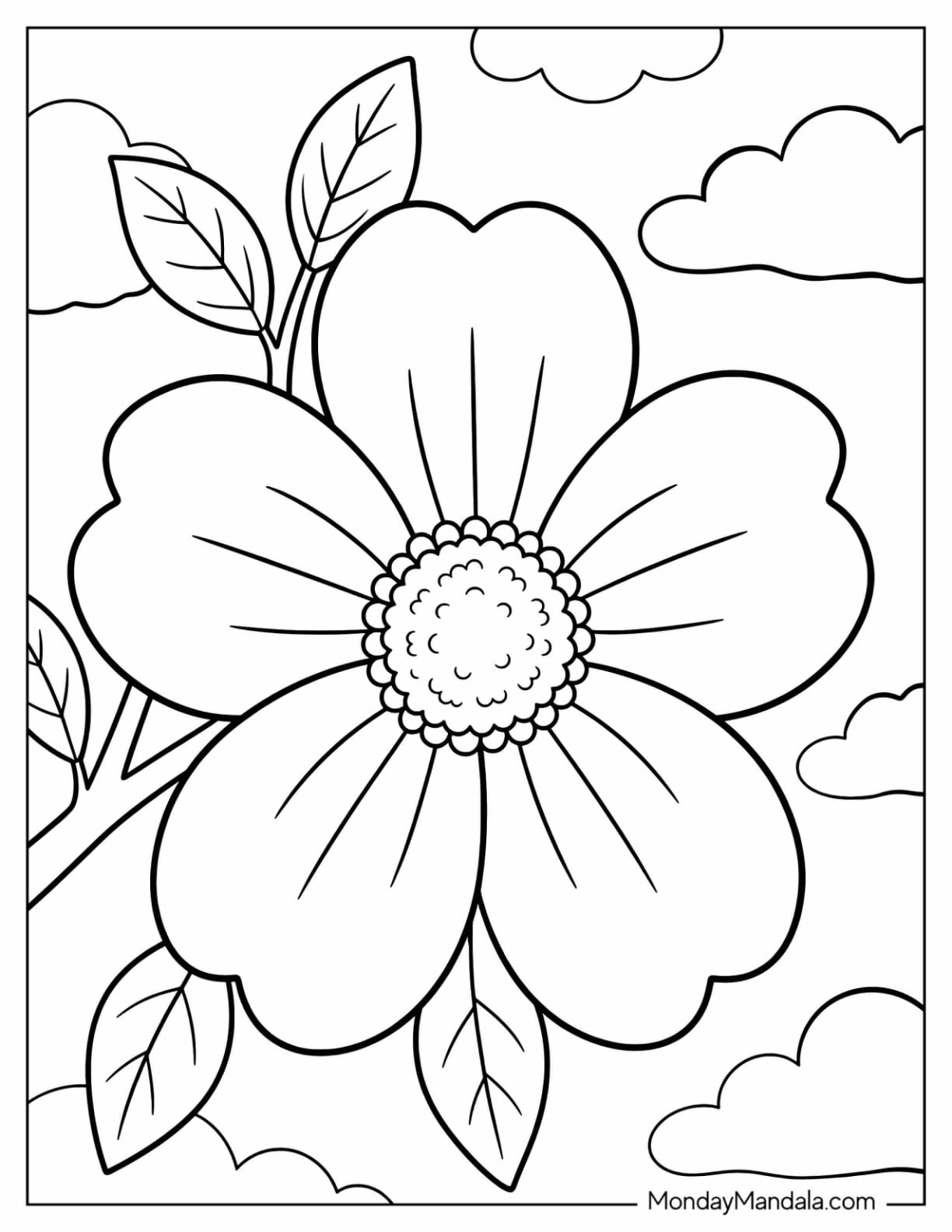 Cherry Blossom Flower with Leaves Coloring Page for Kids