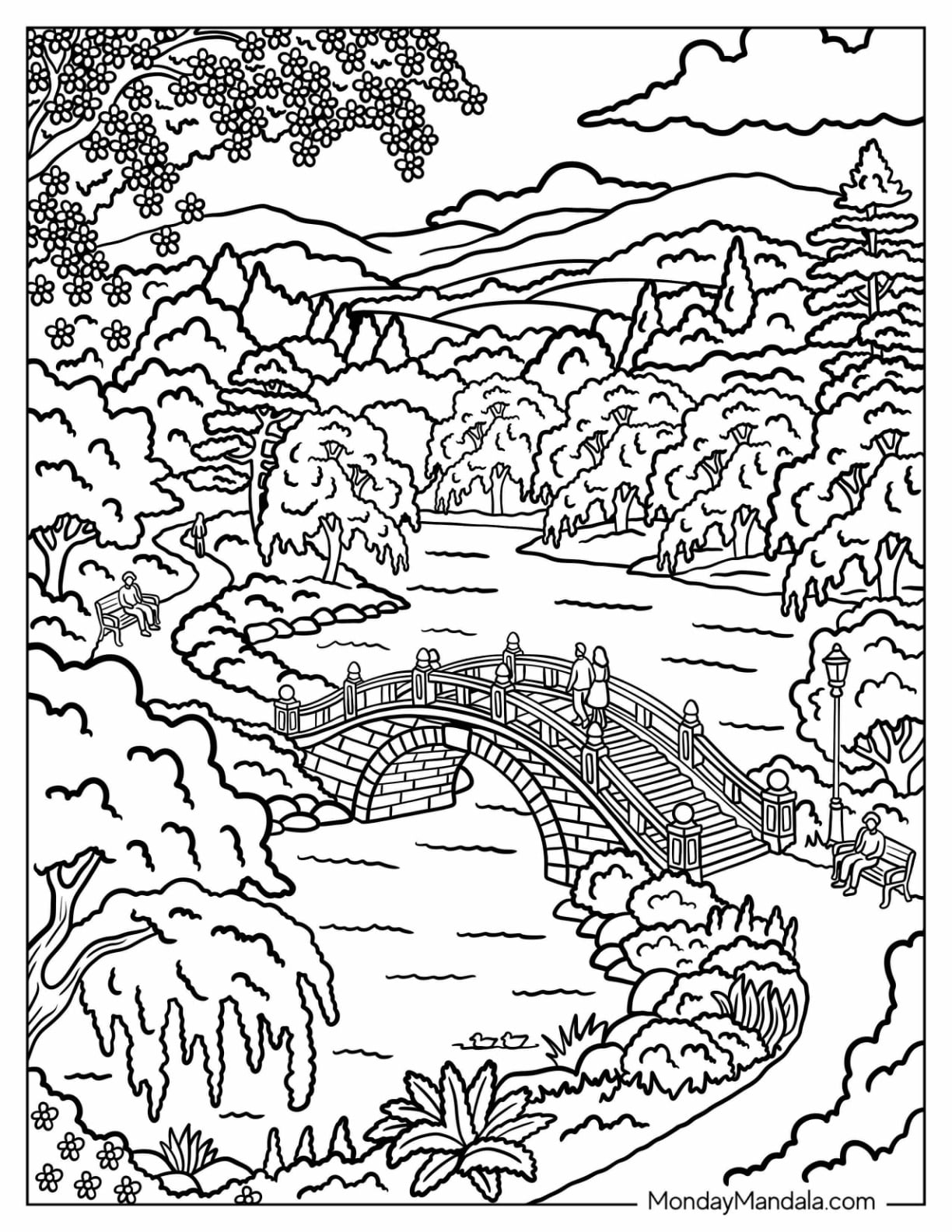Cherry Blossom Garden with Bridge and River Landscape Coloring Sheet