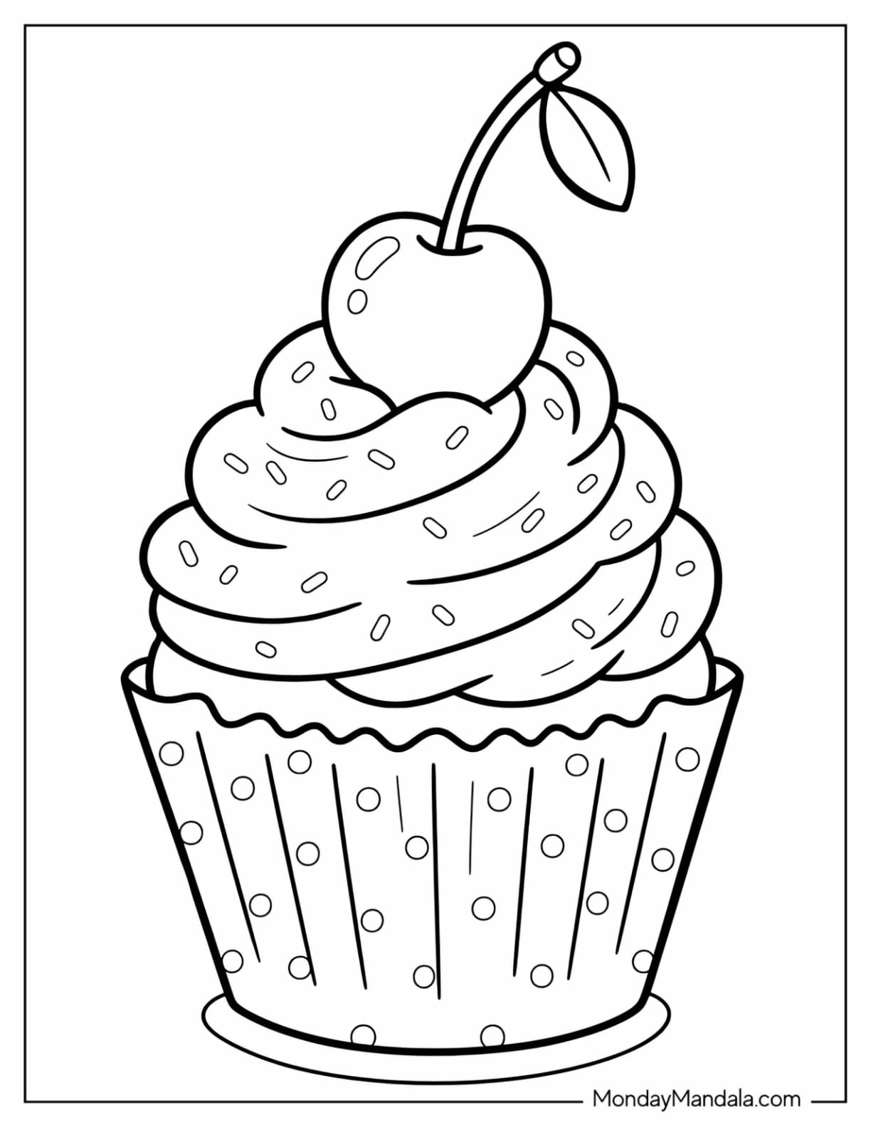 Cherry Cupcake with Whipped Cream and Fresh Cherry Coloring Page for Kids