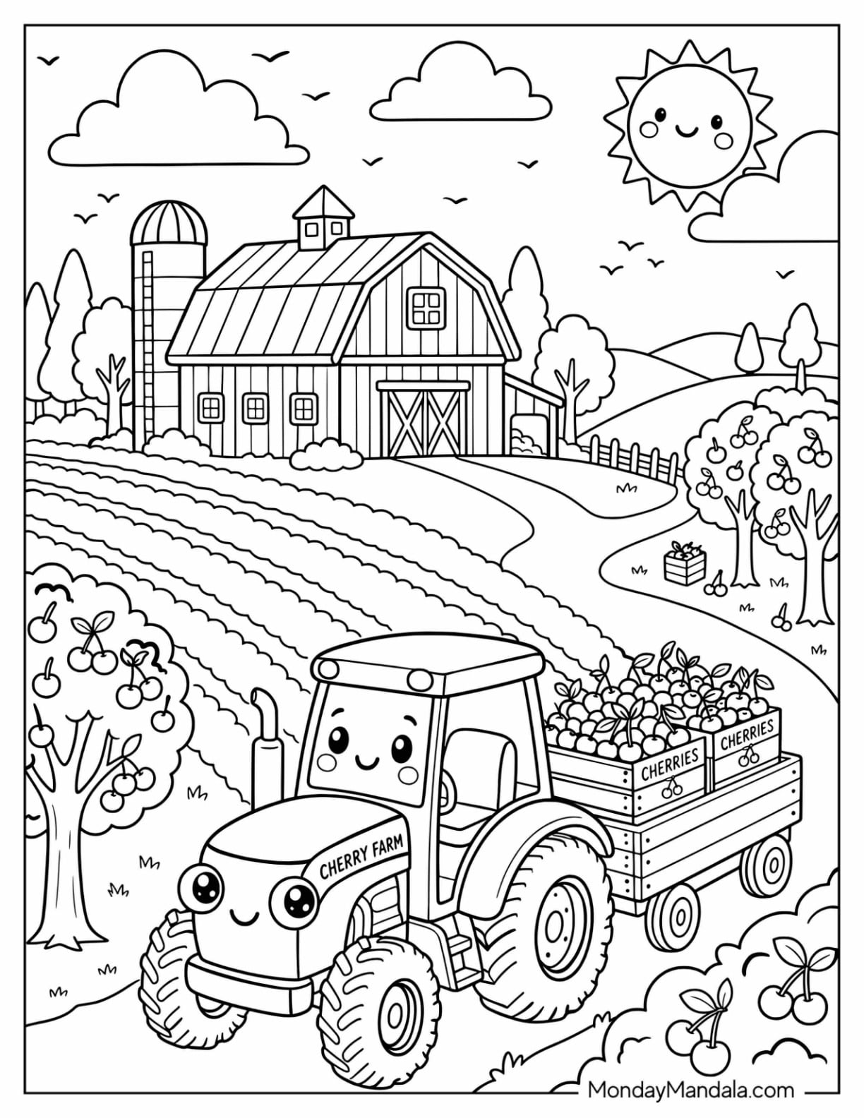 Cherry Farm Tractor with Fresh Cherries Coloring Page
