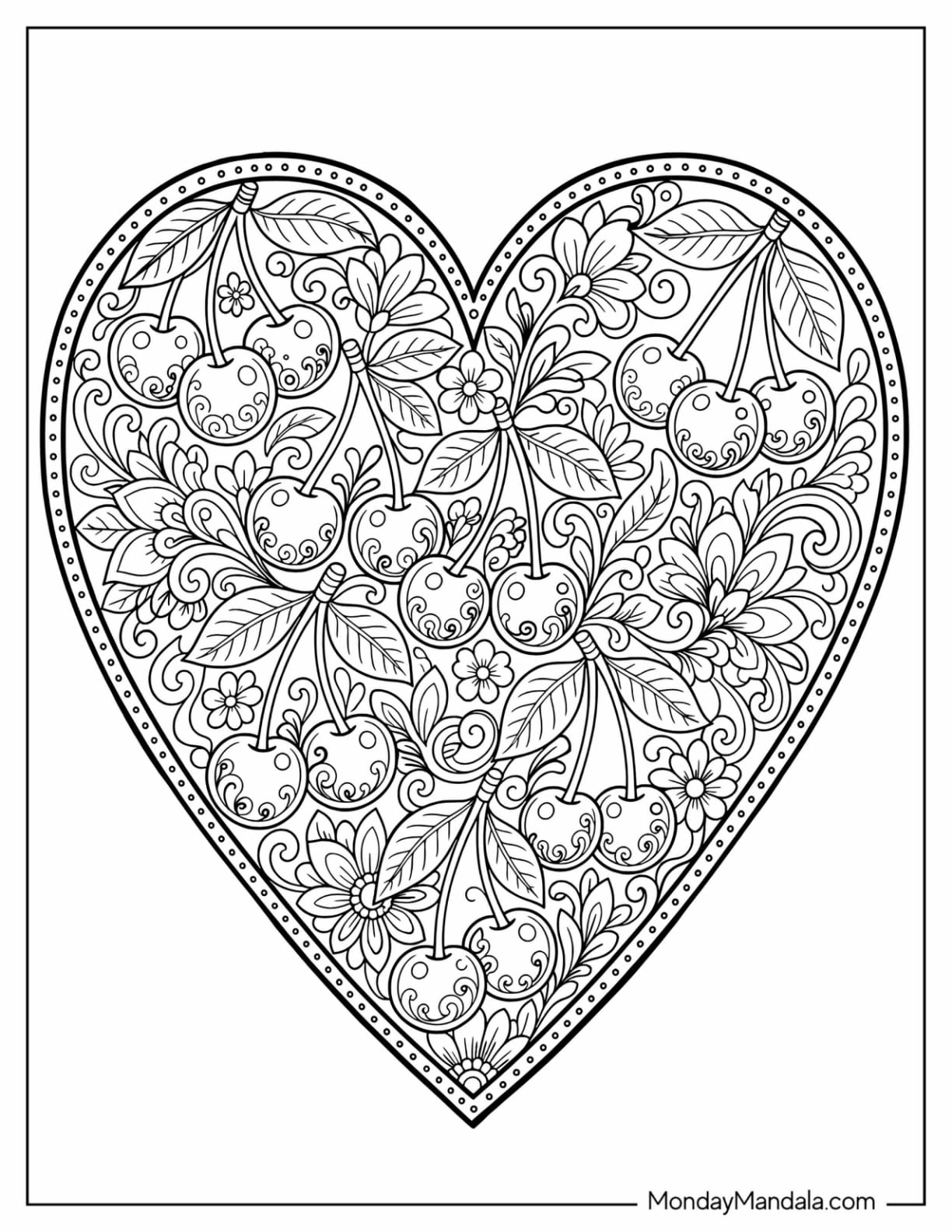 Cherry Heart Mandala with Flowers and Leaves