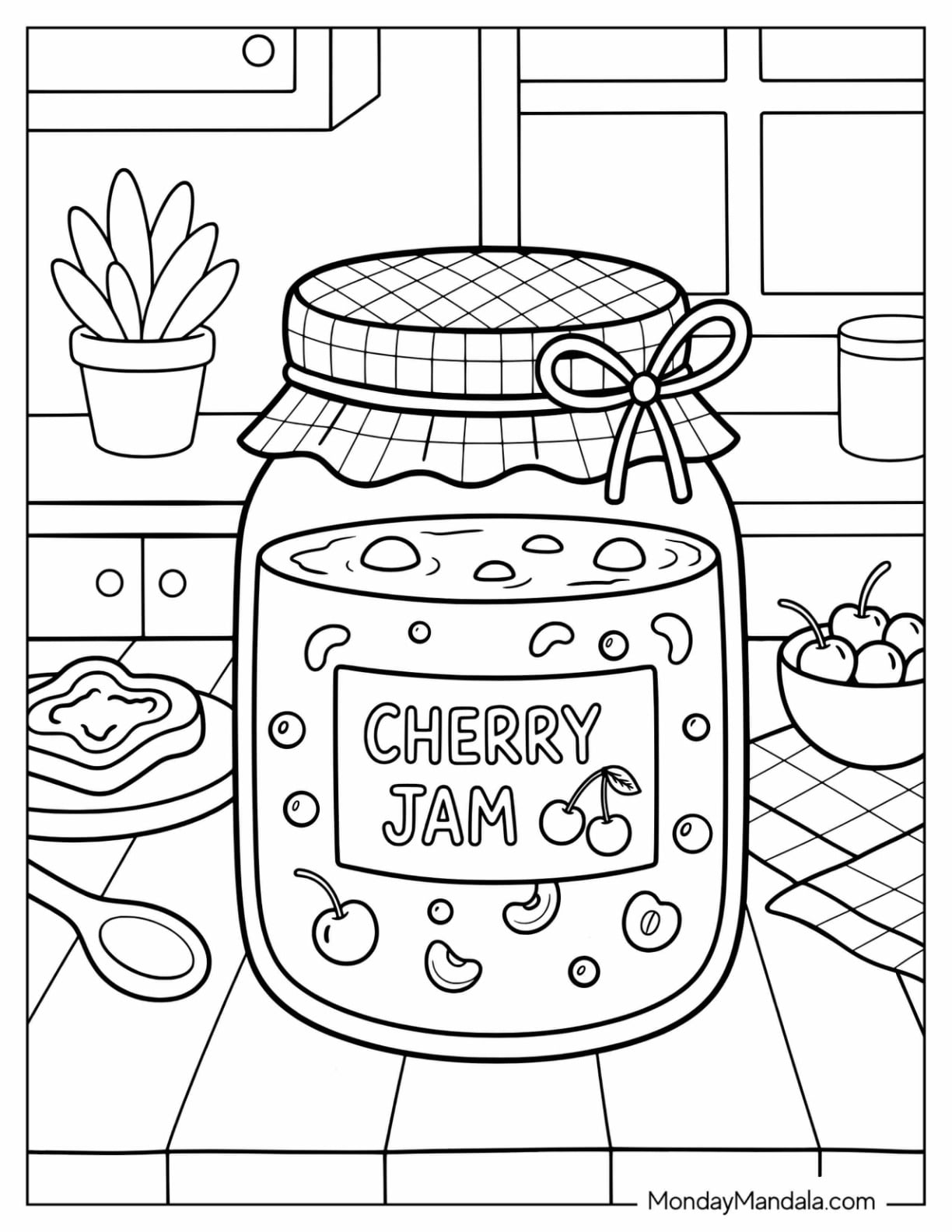 Cherry Jam Jar with Bow and Fresh Cherries
