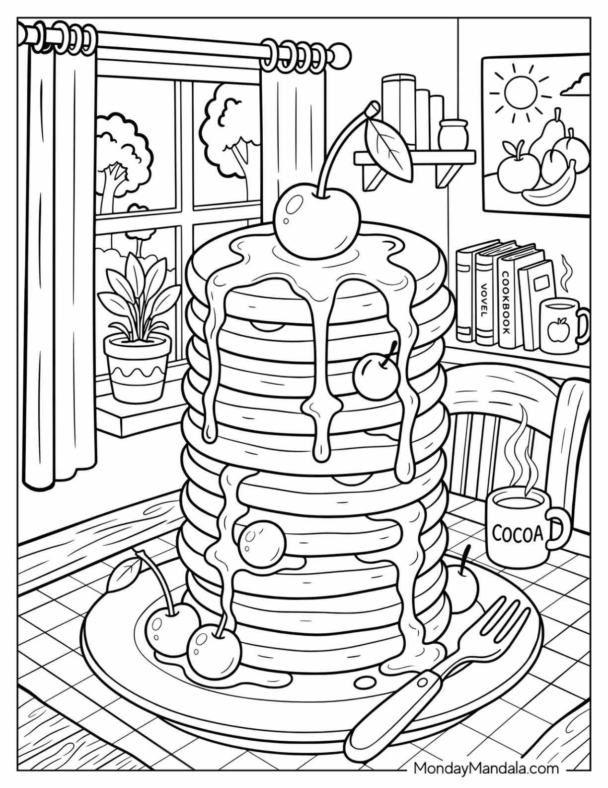 Cherry Pancakes with Syrup and Fresh Cherries Coloring Page