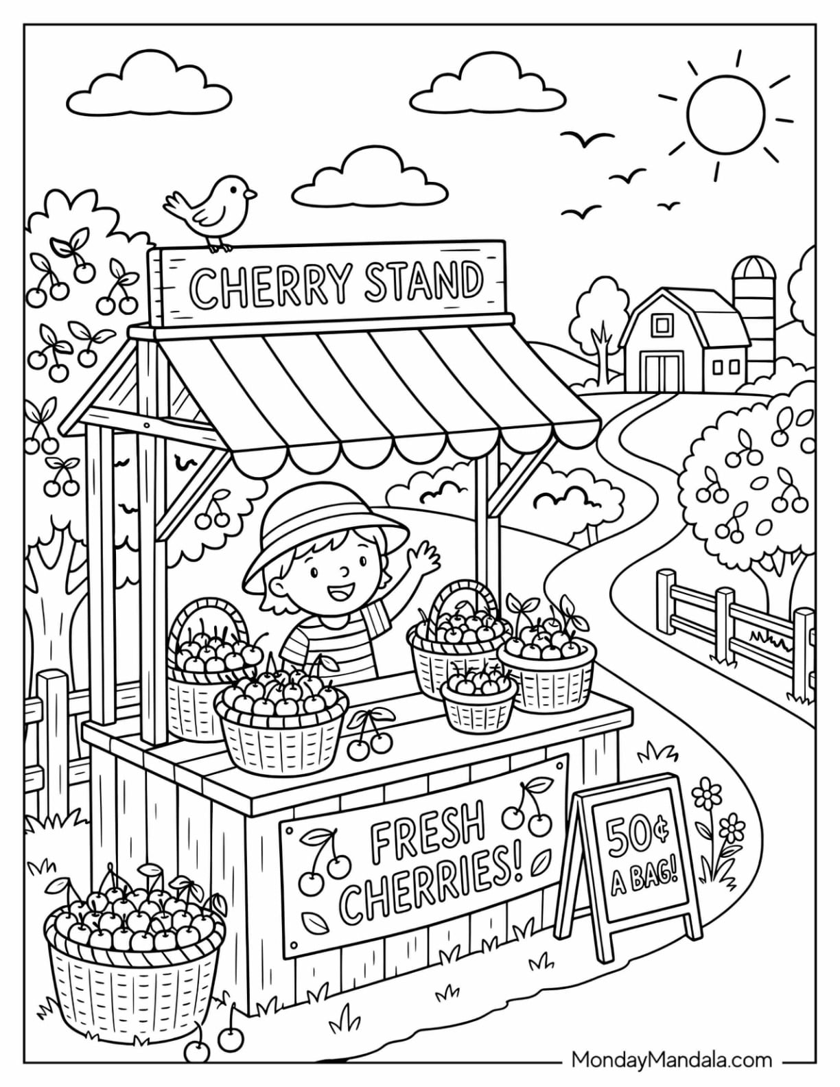 Cherry Stand with Fresh Cherries Coloring Page