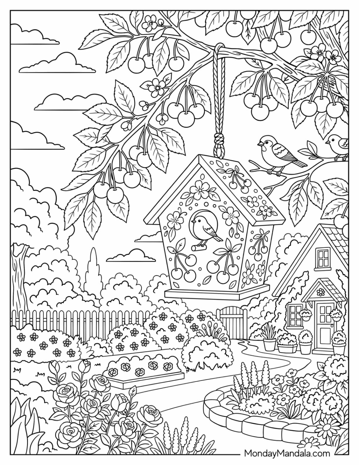 Cherry Tree with Birdhouse and Garden Coloring Page