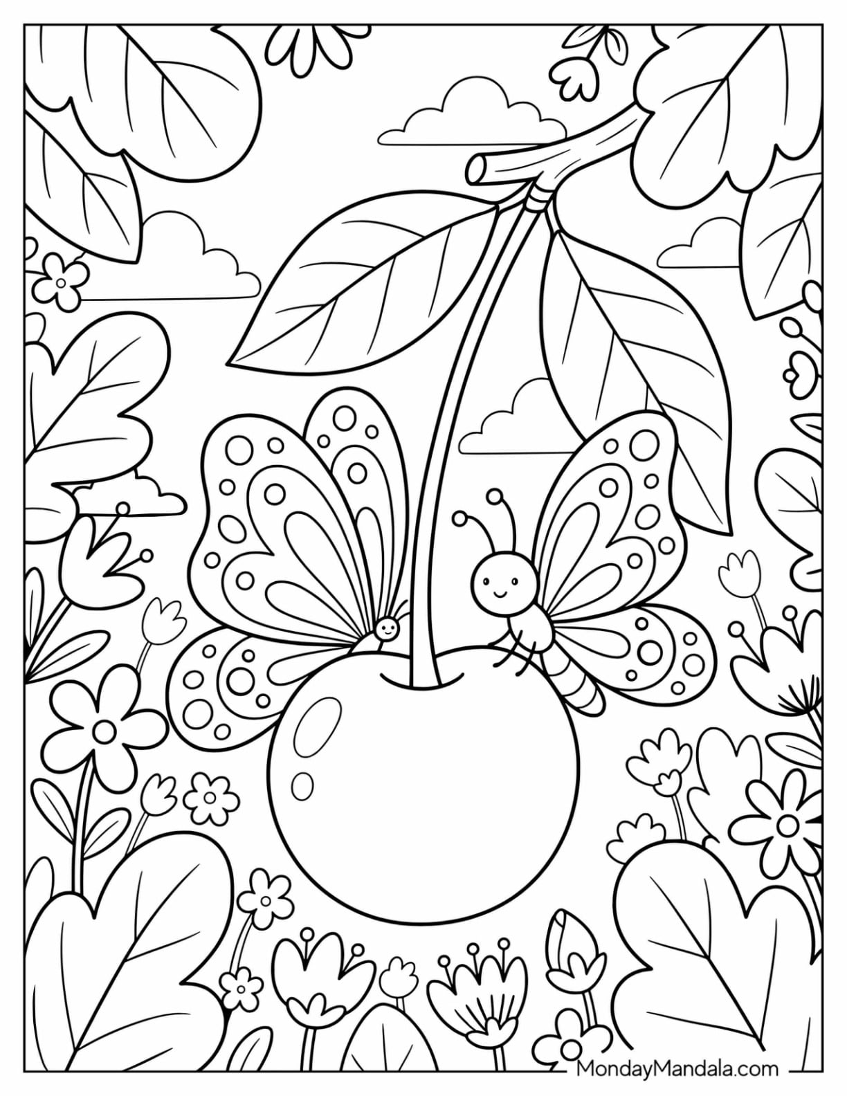 Cherry with Butterfly and Floral Garden Coloring Page
