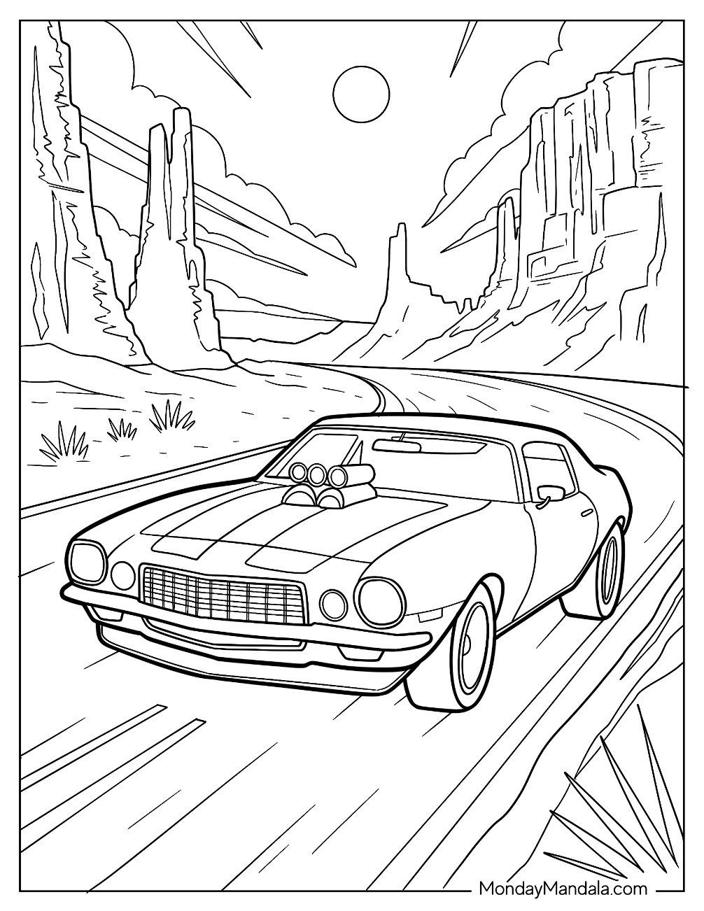 Chevrolet Camaro Hot Rod Coloring Page with Supercharger Speeding on Desert Highway