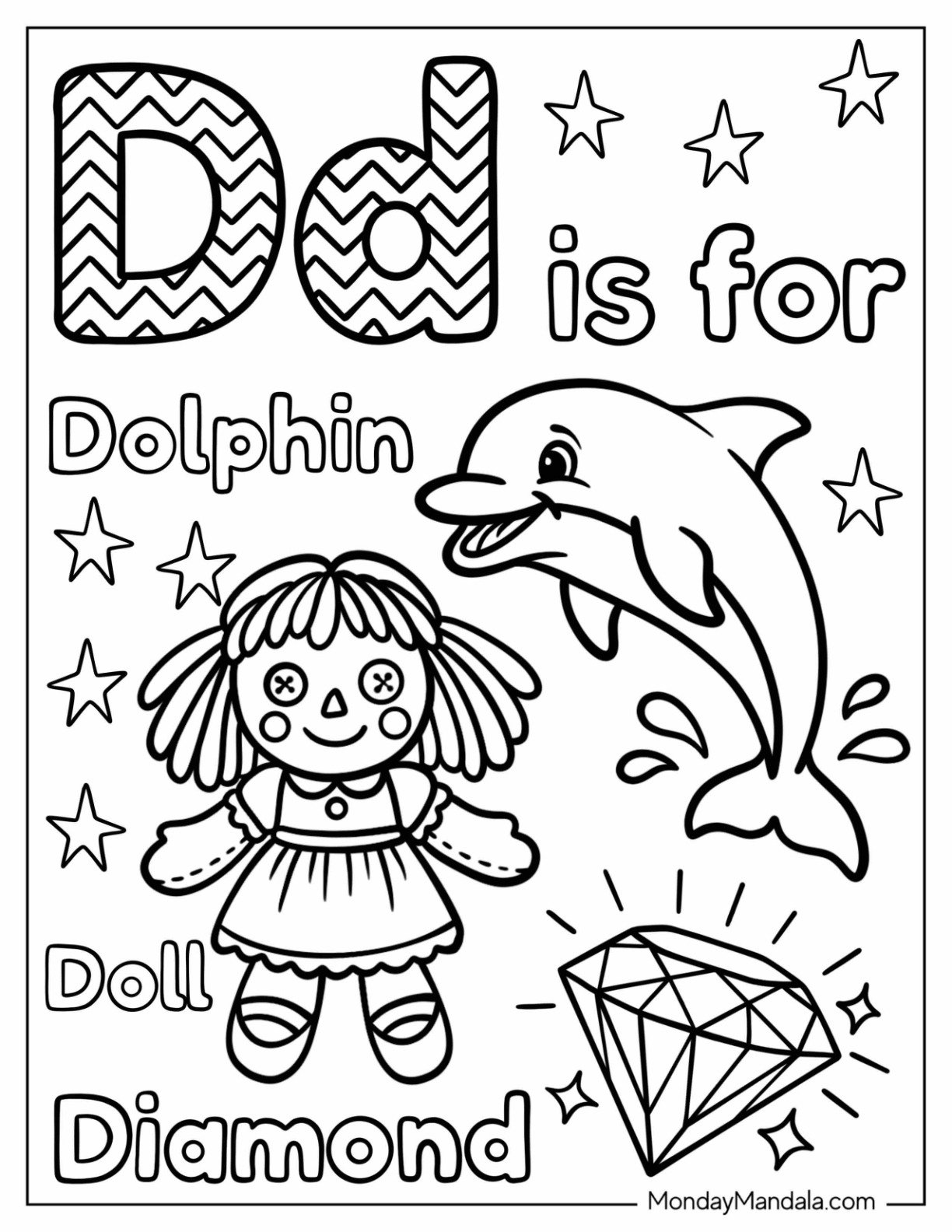 Chevron Letter D Coloring Page is for Diamond, Dolphin, and Doll