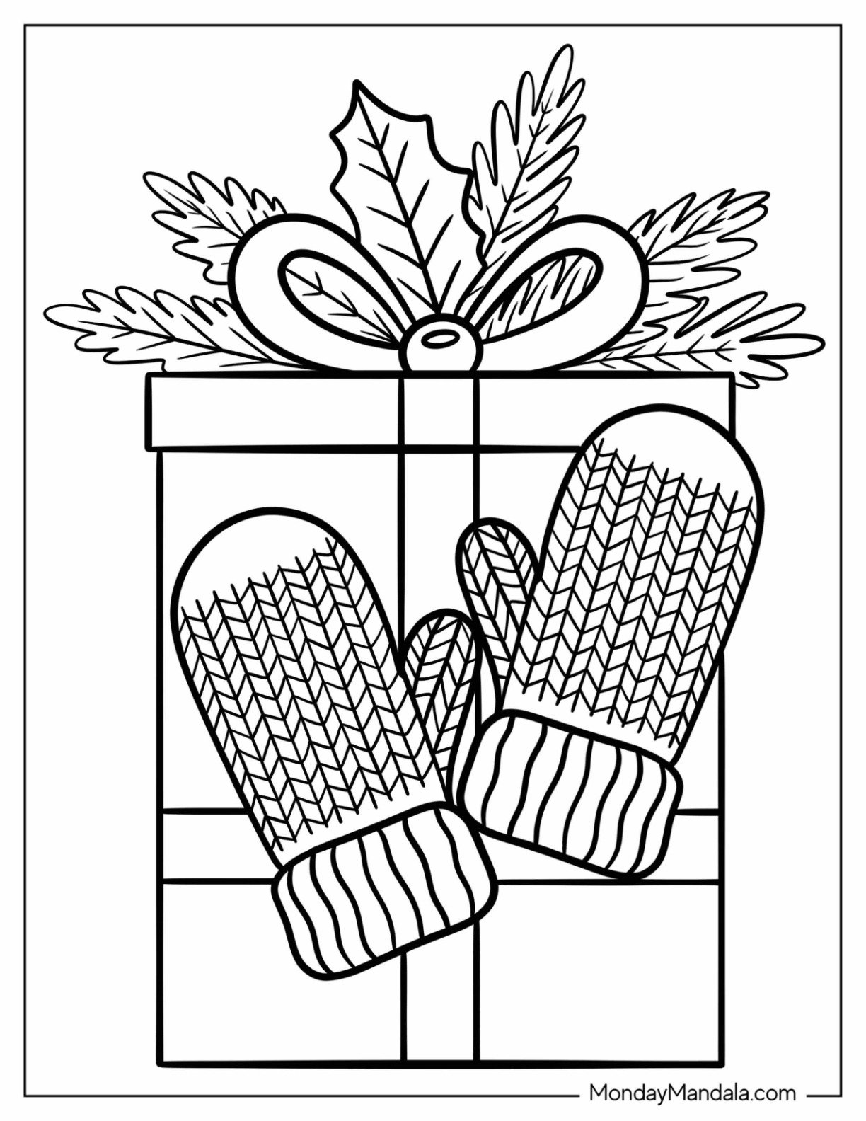 Chevron Mittens Coloring Page on Large Present with Bow for Kids