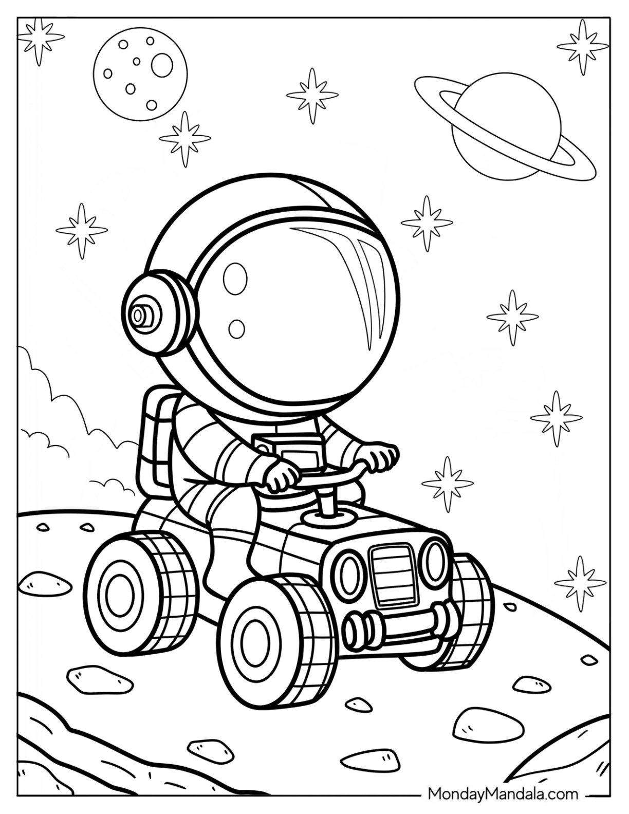 Chibi Astronaut Driving Space Rover on Rocky Planet with Stars and Planets Coloring Sheet For Kids