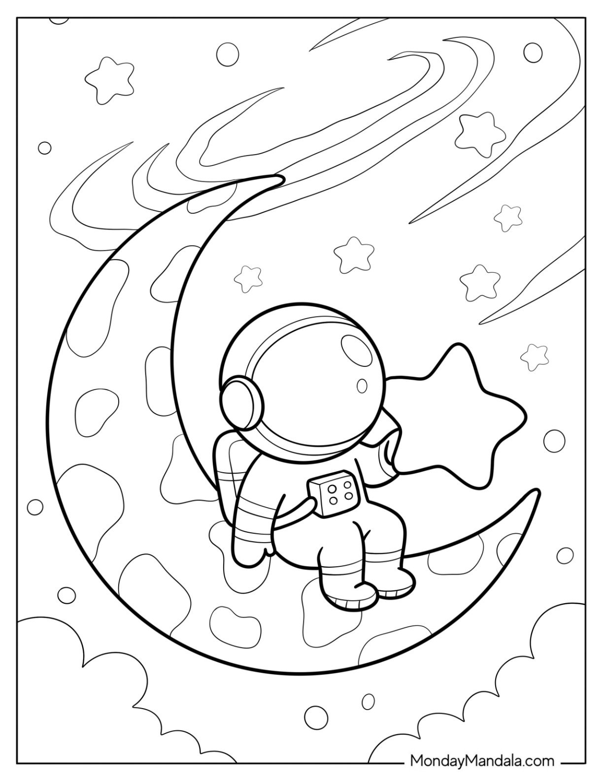 Chibi Astronaut Sitting on a Crescent Moon Coloring Page in Space for Kids