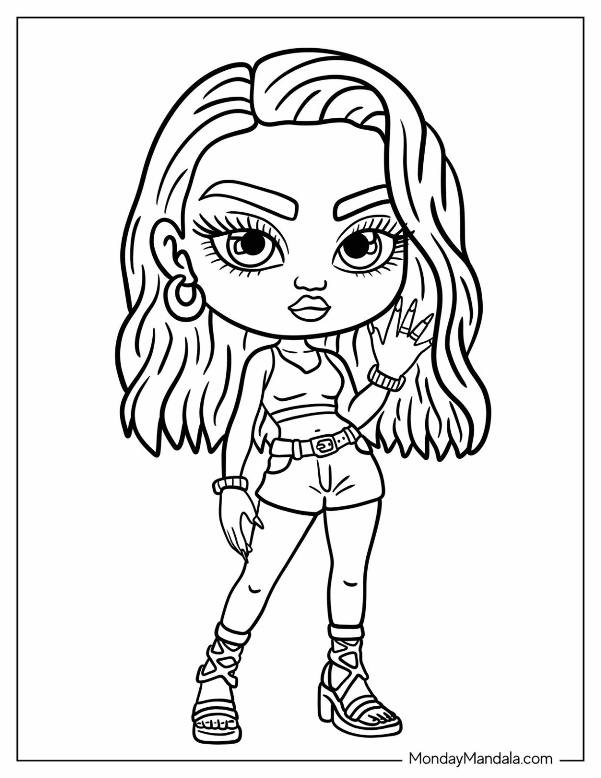 Chibi Baddie Coloring Page in Crop Top and Shorts for Kids
