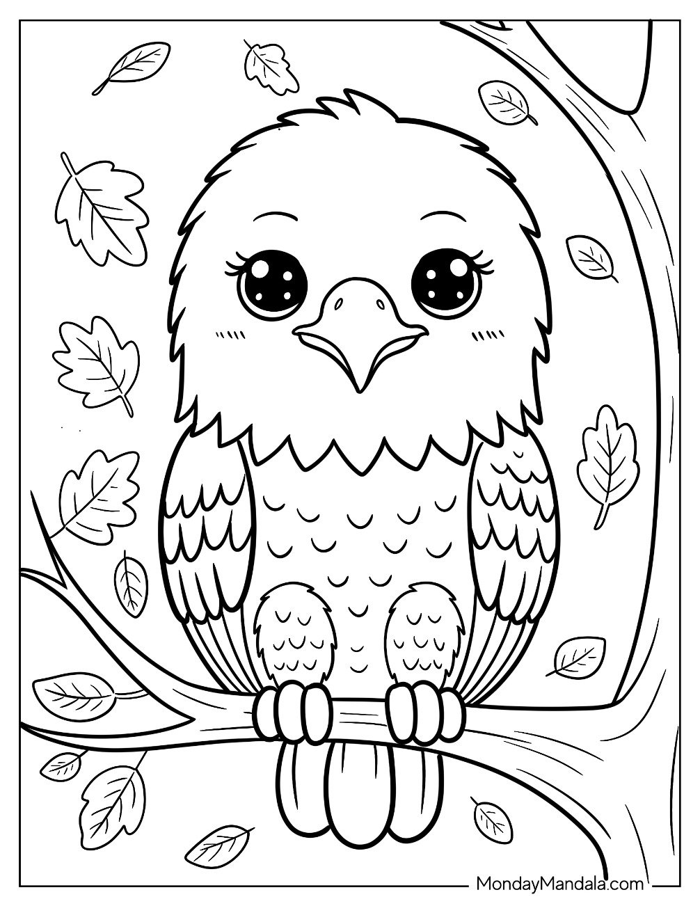 Chibi Bald Eagle Coloring Page with Large Eyes Perched on a Tree Branch for Preschoolers