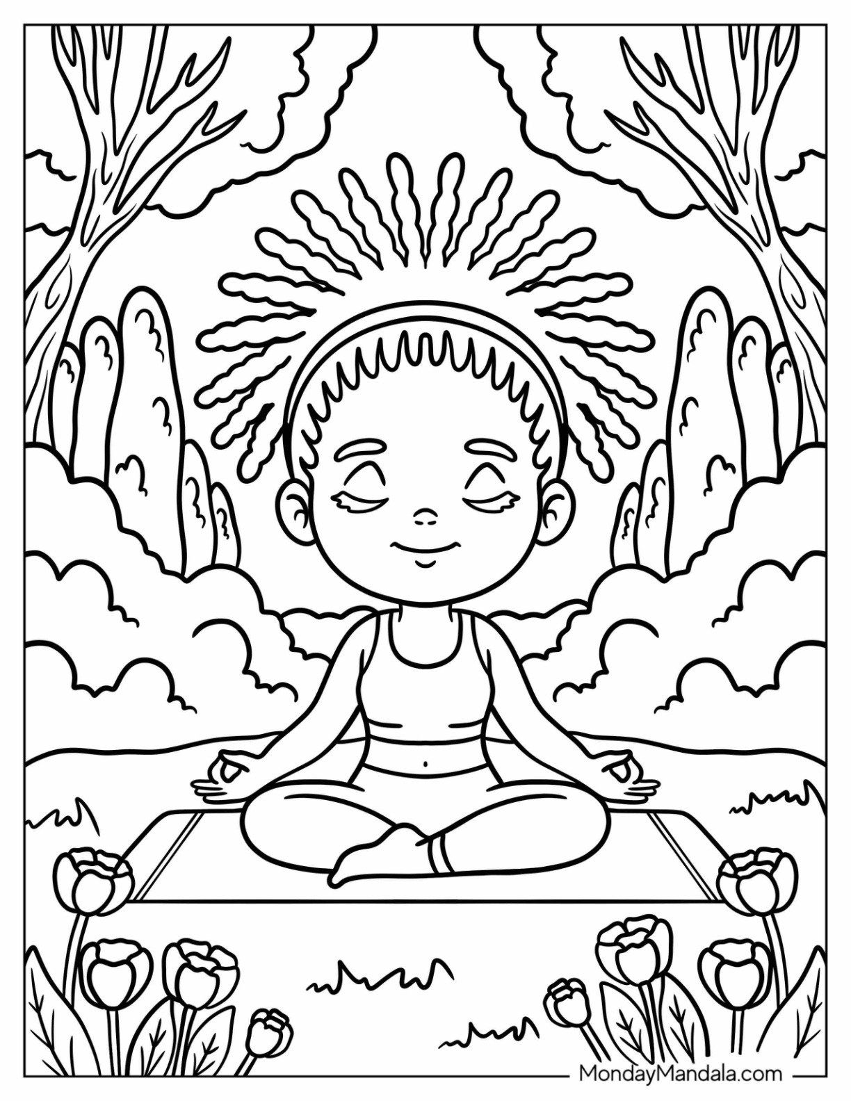 Chibi Black Girl & Boy Coloring Page Meditating in Nature for Kids