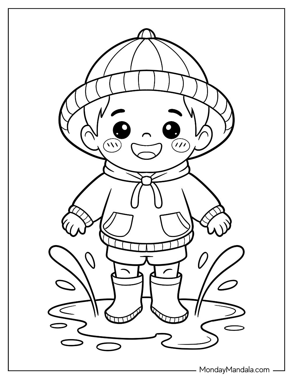 People Coloring Page of Chibi Boy In A Raincoat Playing In A Puddle For Preschoolers