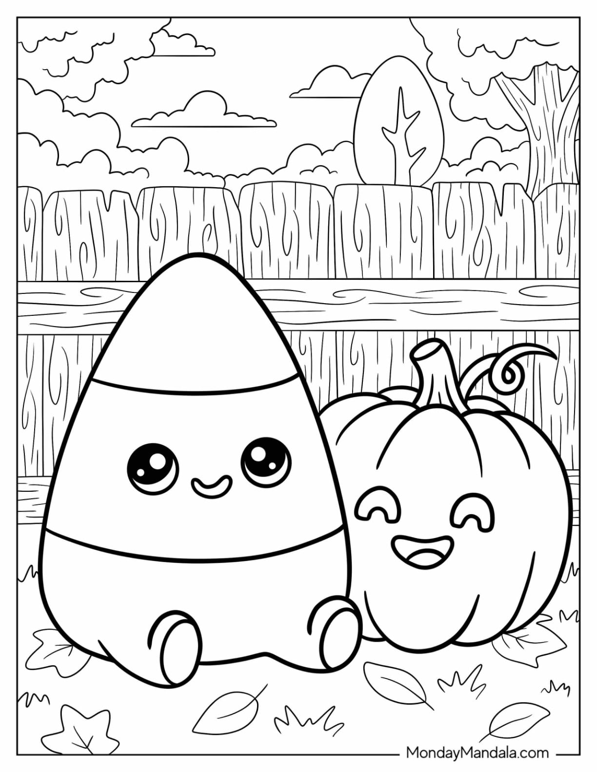 Chibi Candy Corn Next to a Pumpkin Coloring Sheet