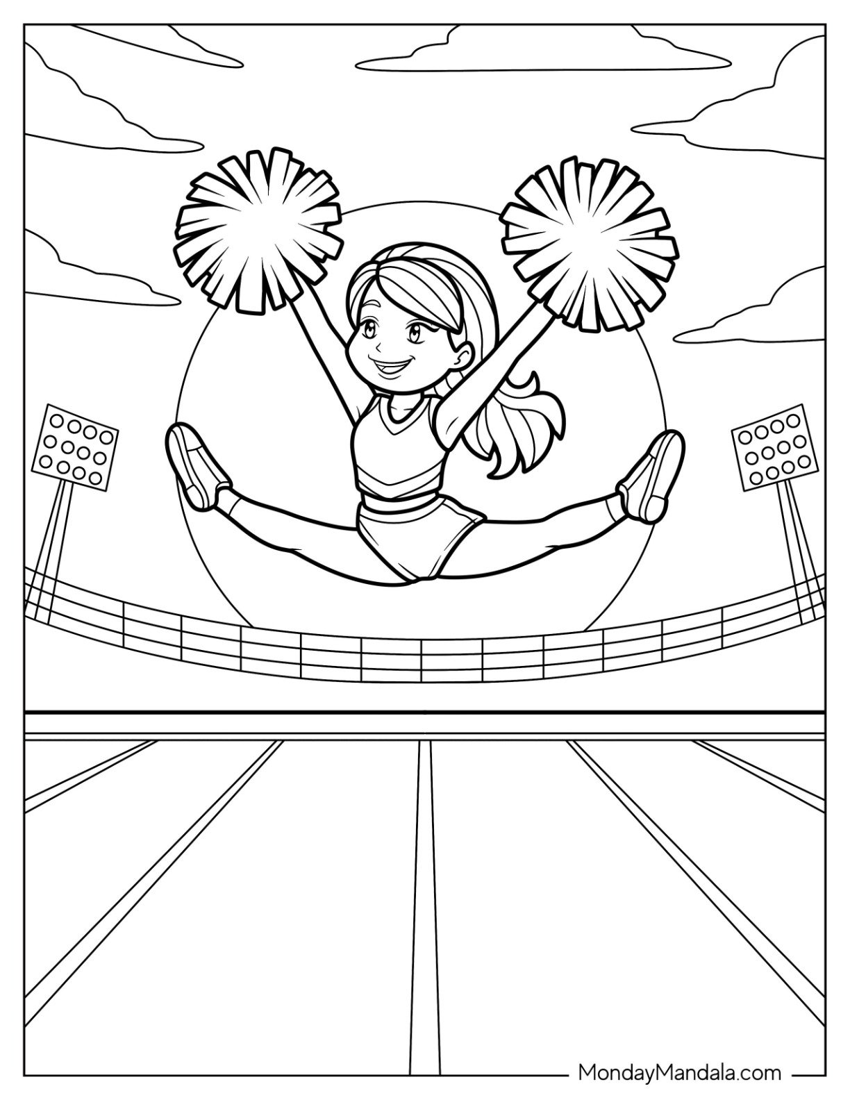 Cheerleading Coloring Page Of Chibi Cheerleader Doing Splits In The Air For Preschoolers