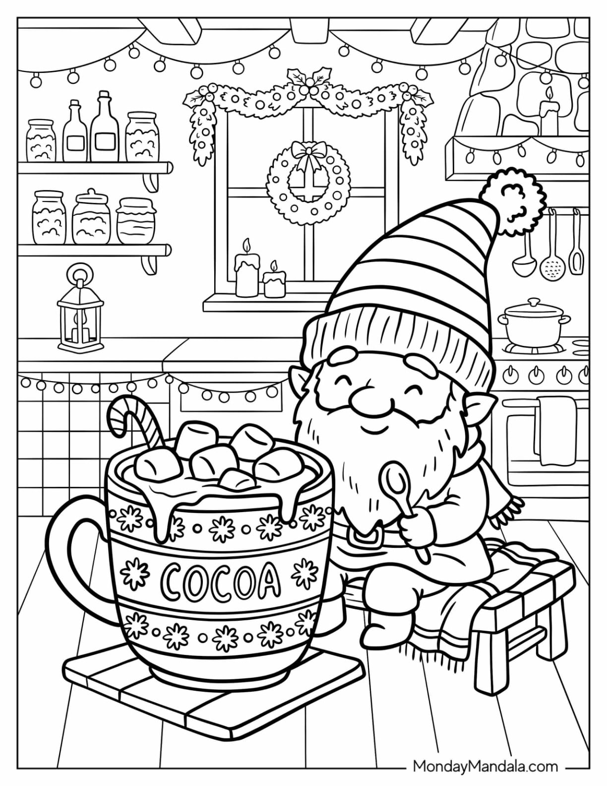 Chibi Christmas Gnome Coloring Page with a Large Cup of Cocoa